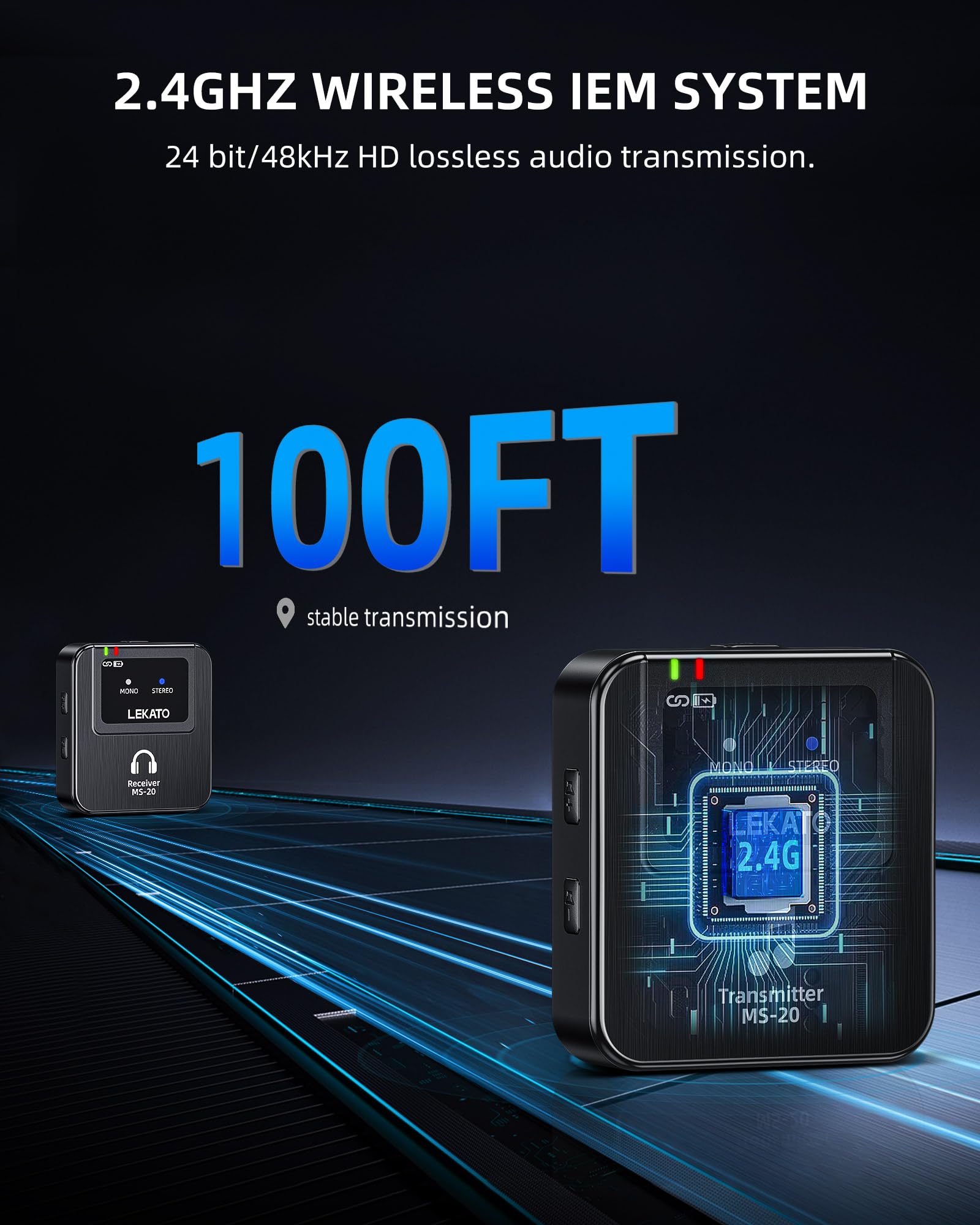 LEKATO Sistema di monitoraggio in-ear wireless, Sistema IEM stereo wireless professionale 2.4G con trasmettitore e ricevitore, OTG, adatto per prove di band, spettacoli dal vivo (1TX+1RX)