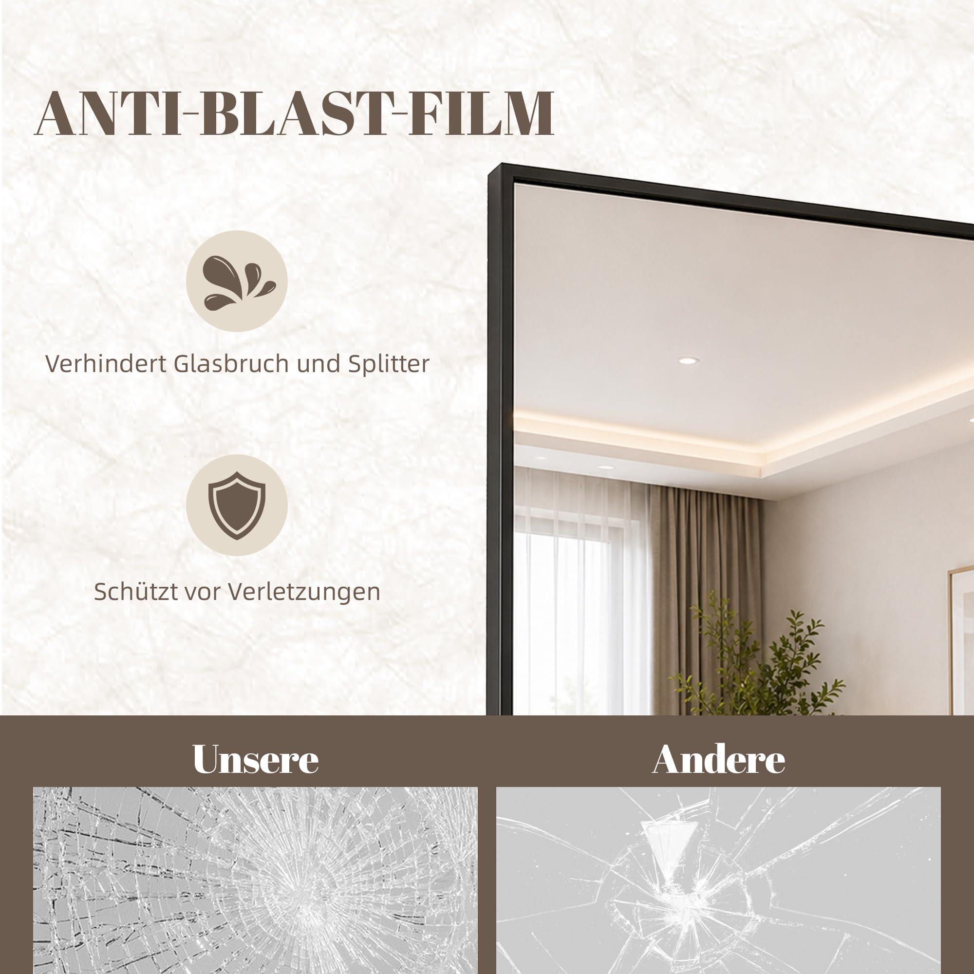 Aplancee Ganzkörperspiegel Standspiegel 190x85 cm, Großer Bodenspiegel zum Anlehnen oder Aufhängen, Rechteckig HD-Spiegel für Ankleidezimmer Schlafzimmer Wohnzimmer, Schwarz