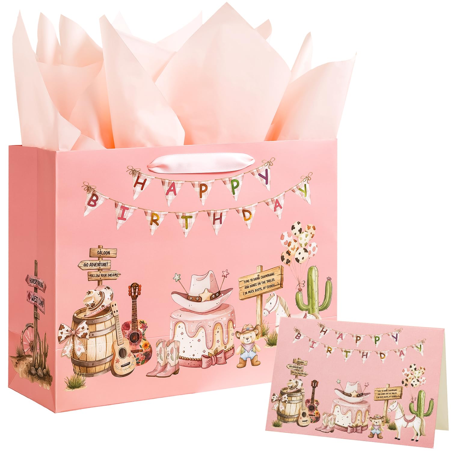 Crisky Large Cowgirl Birthday Bags for Girls with Card and Tissue Papers, Pink Bear Large Girl Birthday Gift Bag for Western Cowgirl Party Favors Decorations Bday Gifts, 13"