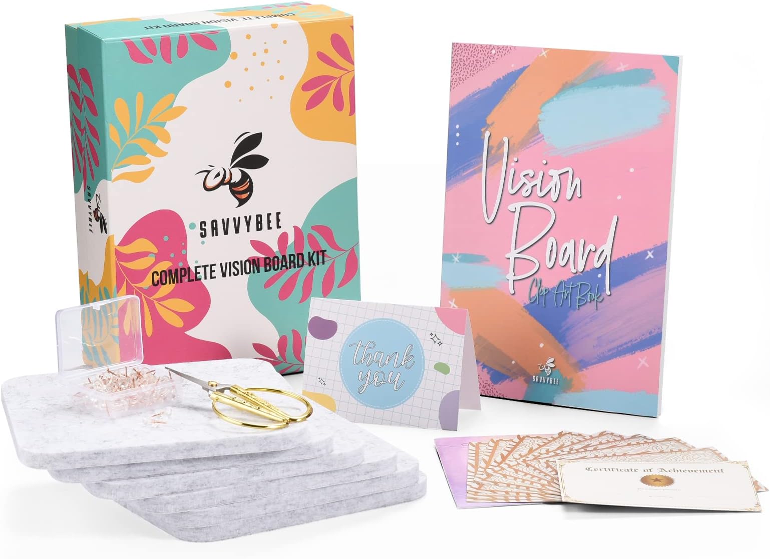 SAVVY BEE Vision Board Kit - Set with Felt Board, User Guide & Clip Art Picture Book, Scissors, Pins, Manifestation Cards - Motivational Gift for Friends, Family, Coworkers - Scrapbooking Supplies
