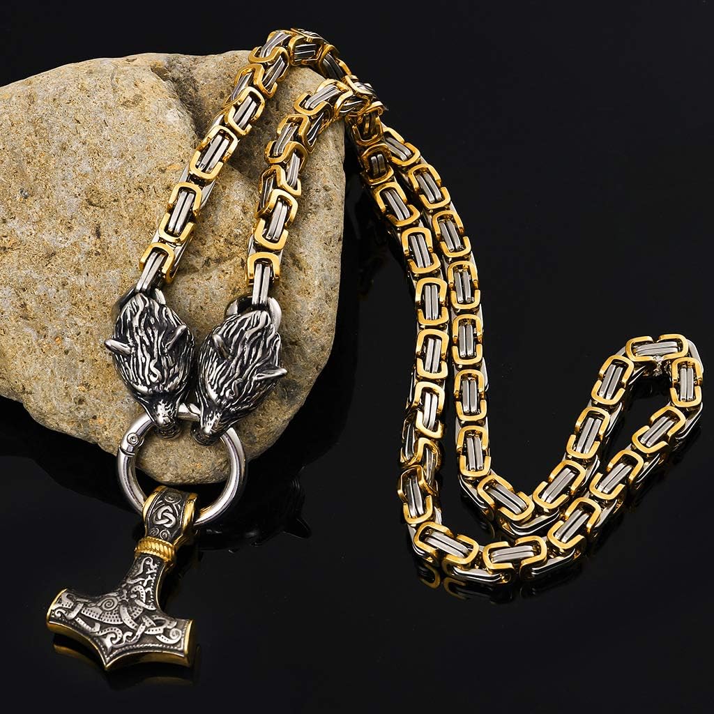 Viking Necklace King Chain with Thor Hammer Mjölnir Wolf Head Pendant 316L Stainless Steel Amulet Jewellery Gift(7 Color 3 Size)