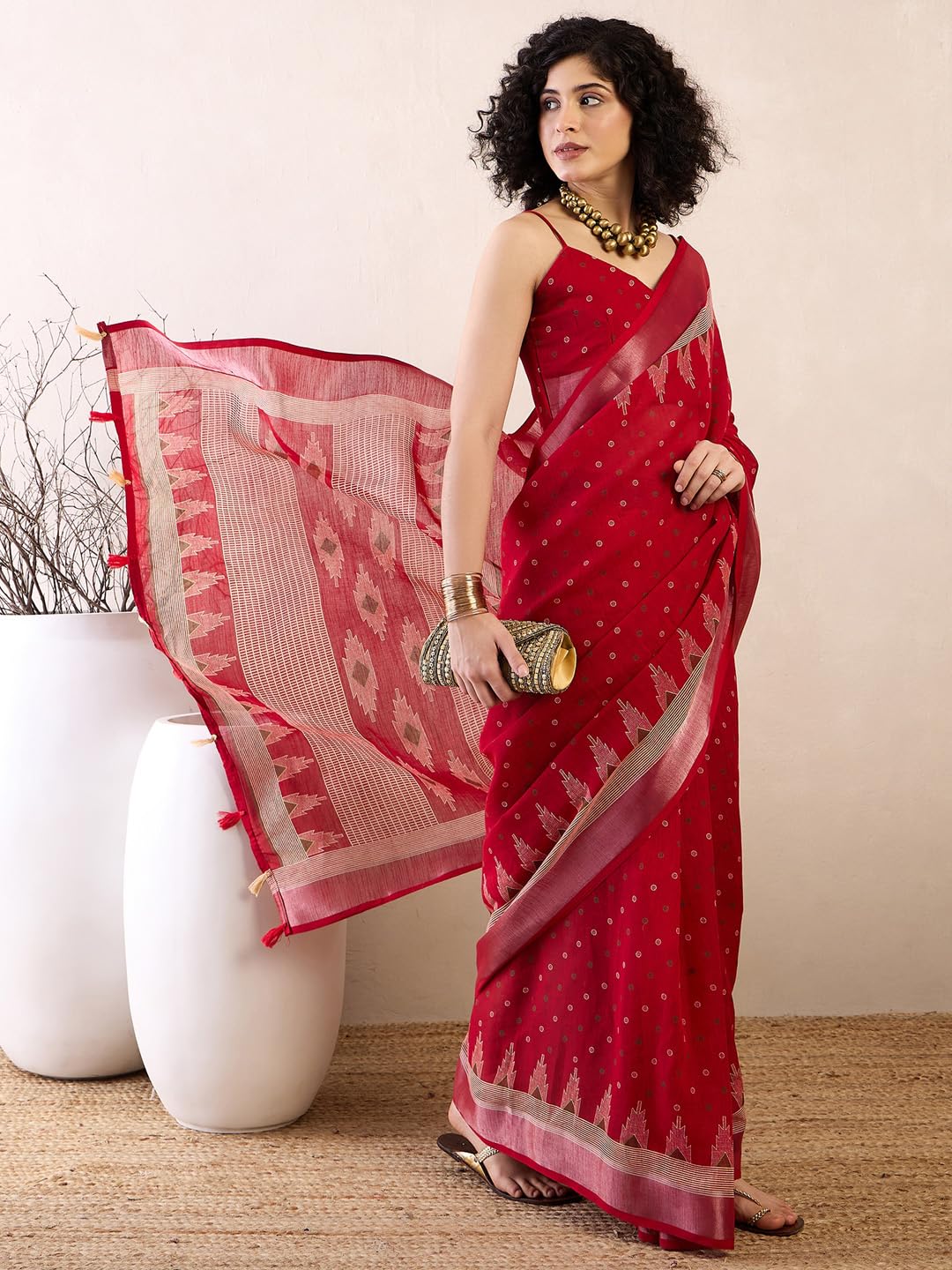 SAREE MALL Women's Red Cotton Linen Bagru Printed Ready To Wear one Minute Saree With Unstitched Blouse (RTWKHNA83004_AS) 3
