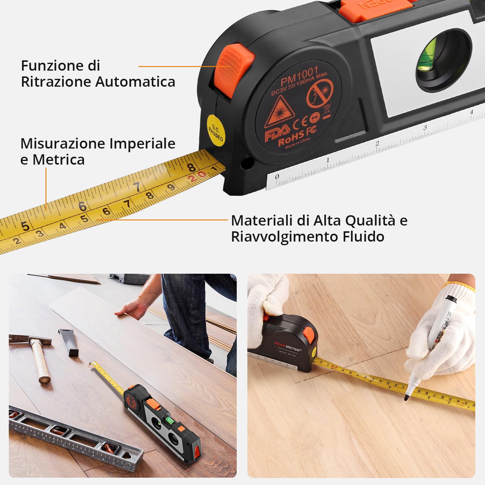 Neoteck Livella Laser 4 in 1 con 3m/9.8ft Metro Nastro+Livella+17cm Regolo Livella Laser Multiuso con Doppia Testa Laser Livello Laser a Infrarossi per Appendere Quadri Armadi Piastrelle e Pareti