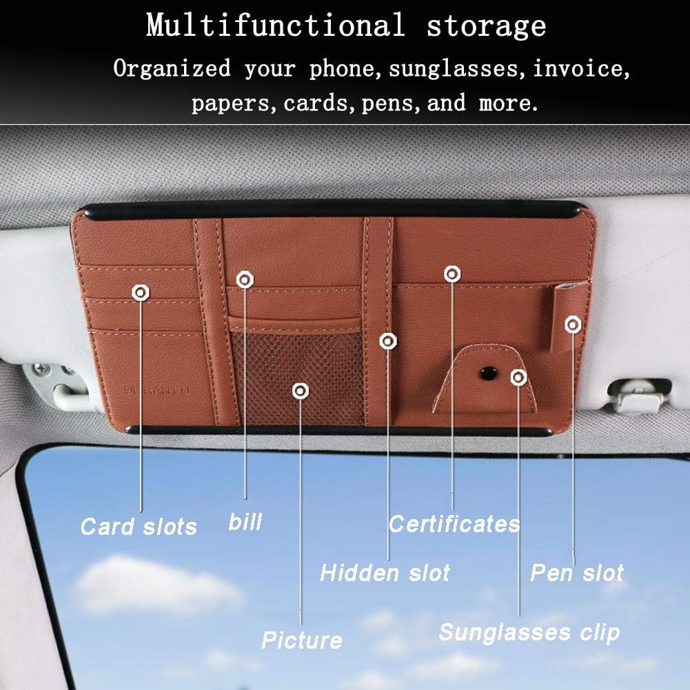 Car Sun Visor Organizer, Auto Interior Accessories Pocket Organizer, Multifunction PU Car Storage Bag Auto Glasses Ticket Documents Folder Mobile Phone Organizer with Hard Back (Brown)