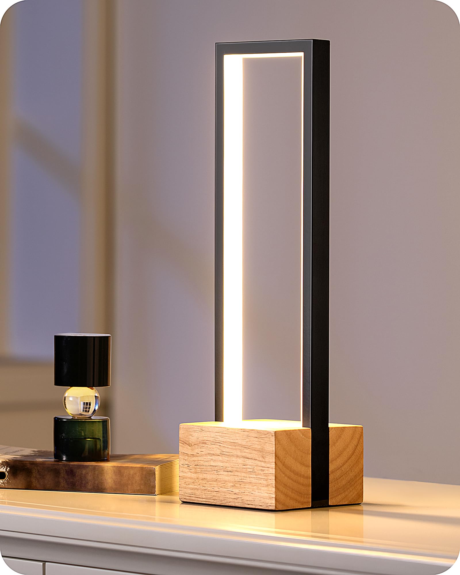 EDISHINE LED Lámpara de Mesa LED Regulable, Lámpara de Noche de 3 Temperaturas de Color (3000K 4500K 6000K), Regulable Continua Táctil para Salón, Oficina, Marco de Aluminio Negro y Base de Madera