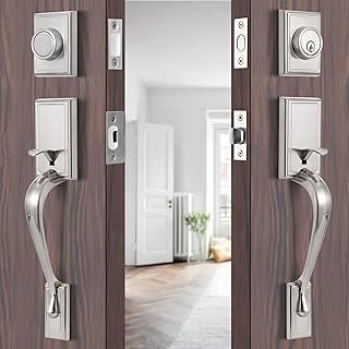 Natsukage Front Door Handle Double Door Lock Set Satin Nickel Entrance Handle Set with Dummy Heavy-Duty Adjustable Handle Sets with Deadbolt and Lever Handle Reversible for Right & Left Handed