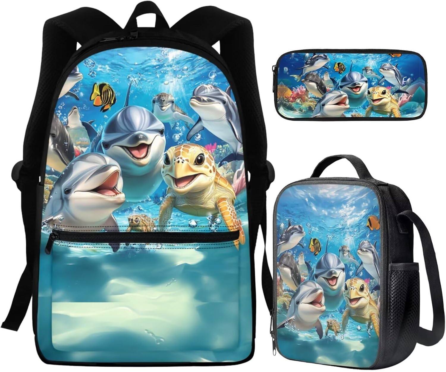 WELLFLYHOM Dolphin Kids School Backpack for Boys Sea Turtle Book Bag with Lunch Box Pencil Case 3pcs School Bag Set for Preschool Elementary Students
