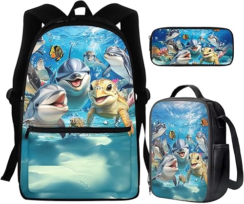 WELLFLYHOM Dolphin Kids School Backpack for Boys Sea Turtle Book Bag with Lunch 