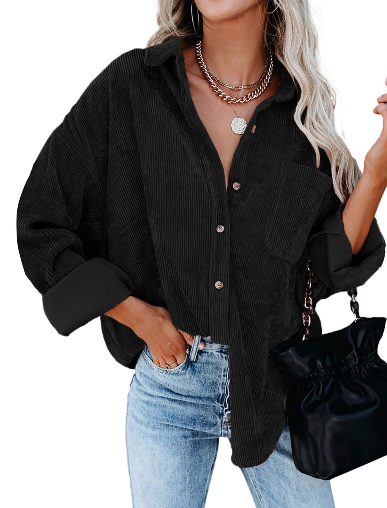 Friptspyg Cordhemd Damen Bluse Langarm Cordbluse Lässiges Hemdbluse Oversized Cordjacke Button Down Corduroy Bluse Casual Cord Hemd mit Tasche, Schwarz M