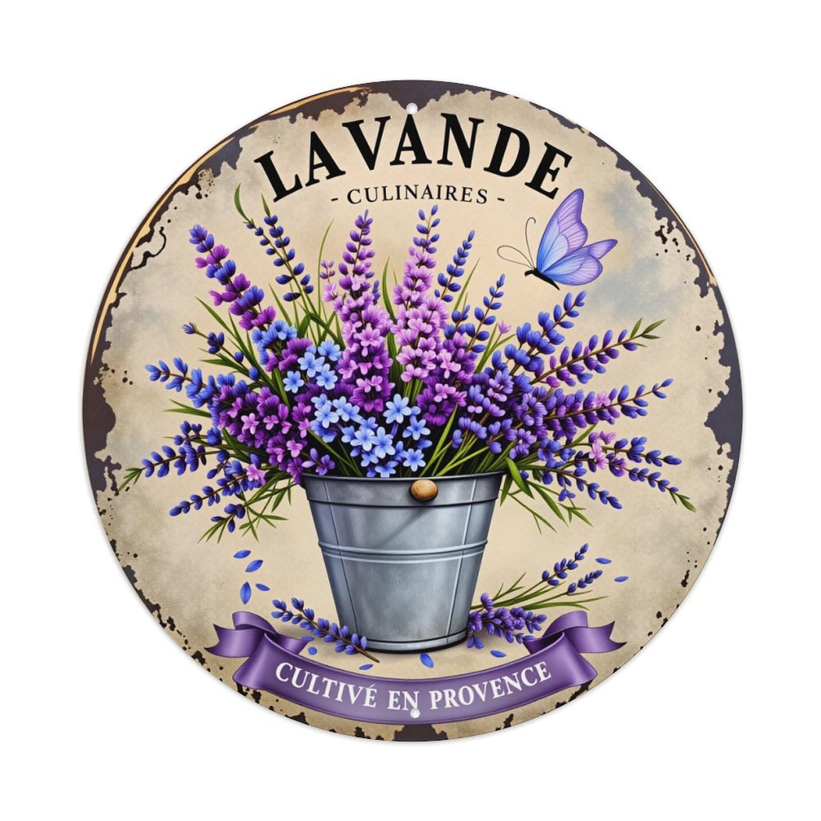 Lavender Bucket Butterfly Ribbon Provence Metal Tin Sign Vintage Garden Bedroom Cafe Bar Man Cave Home Wall Decor Metal Poster 8x8 inches