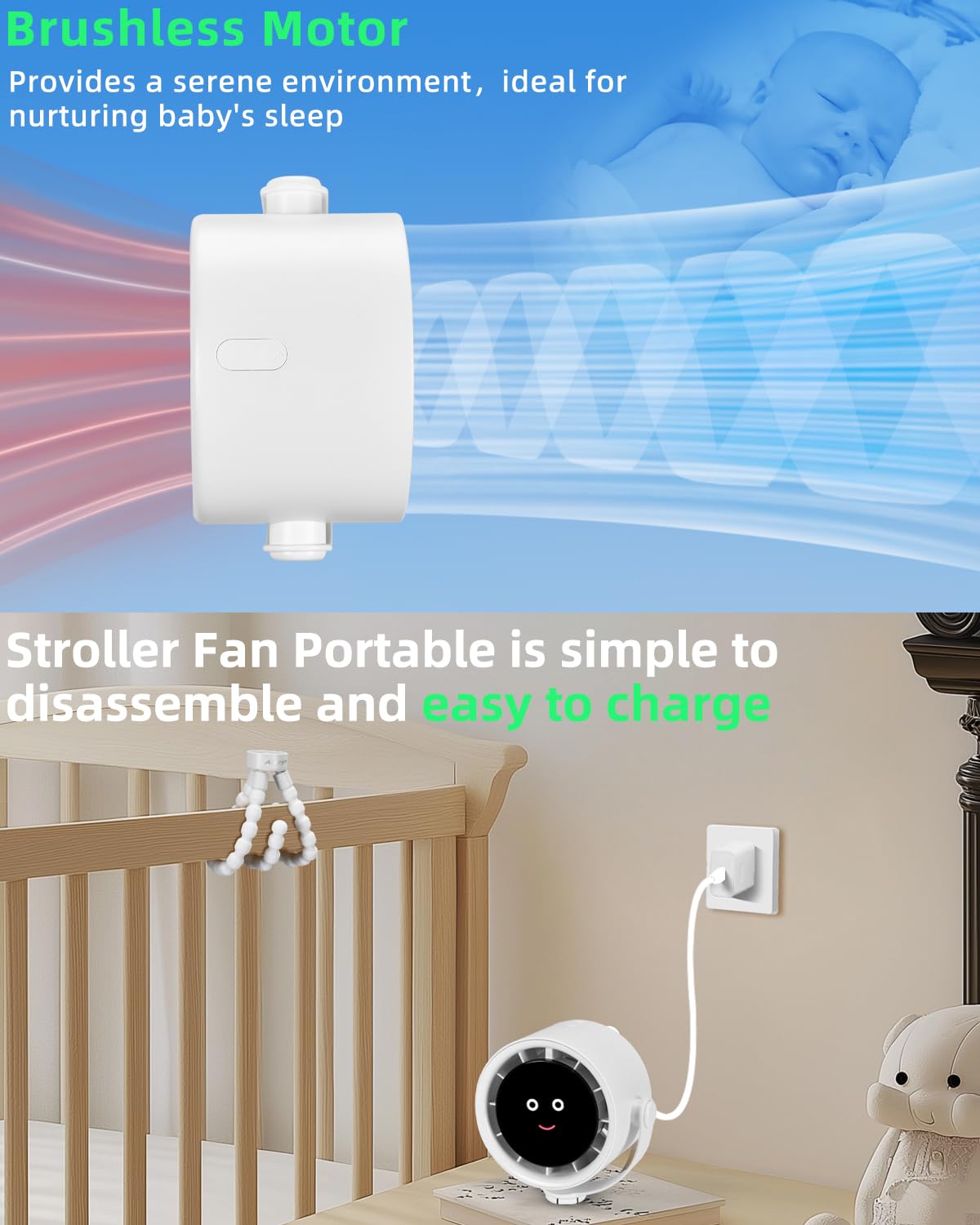 Akejrym Ventilatore per passeggino portatile, ventilatore personale da viaggio, Air Turbo Tech e display digitale, rimovibile a 5 velocità, ricaricabile a 360°, treppiede flessibile, per casa, ufficio