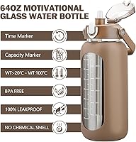 Vista 2 de kytffu Botellas de agua de vidrio de 64 onzas con popote, botella de vidrio motivacional de medio galón con funda de silicona y marcador de tiempo