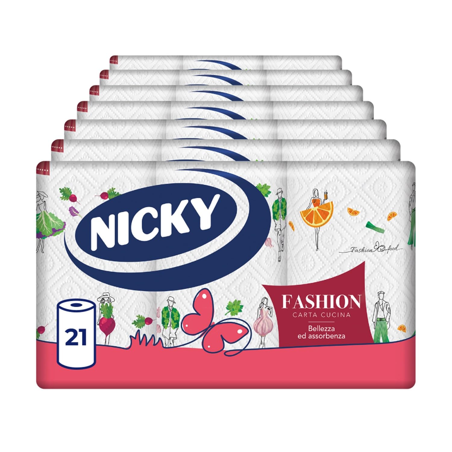 Nicky Fashion - 21 Rotoli di Carta Cucina, 50 Soffici Fogli a 3 Veli, 3 Diverse Fantasie per un Mix&Match in Diversi Colori, Massima Bellezza ed Assorbenza, Carta 100% Certificata FSC