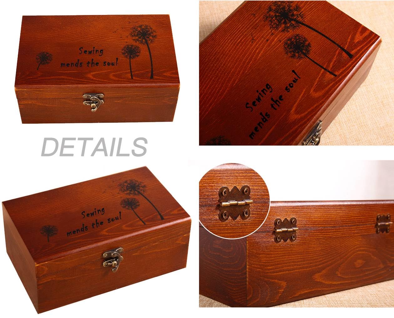 Kit de costura, caja de madera con bonitos accesorios de costura, kit de costura a mano para niños, niñas, principiantes, adultos, kit de reparación vintage