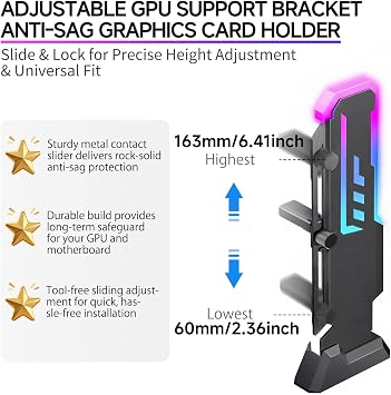 GPU Support Bracket, GSCOLER Universal GPU Anti Sag Bracket, 60-163mm Adjustable GPU Stand for Heavy-Duty Graphics Card Support, 16.8M RGB Modes GPU Brace with Magnet & Non-Slip Base for Video Cards