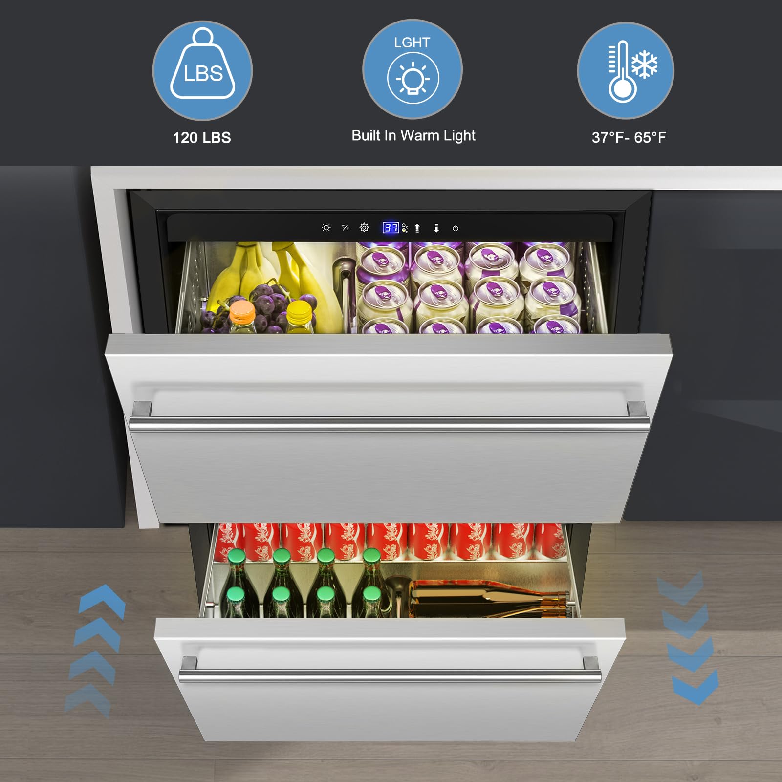 24 Inch Dual Drawer Fridge Under Counter with Wheels, Outdoor Beverage Refrigerator for Patio, Stainless Steel Weather-Proof, Freestanding or Built-In Installation, Ideal for Home and Commercial Use on Fridge.com