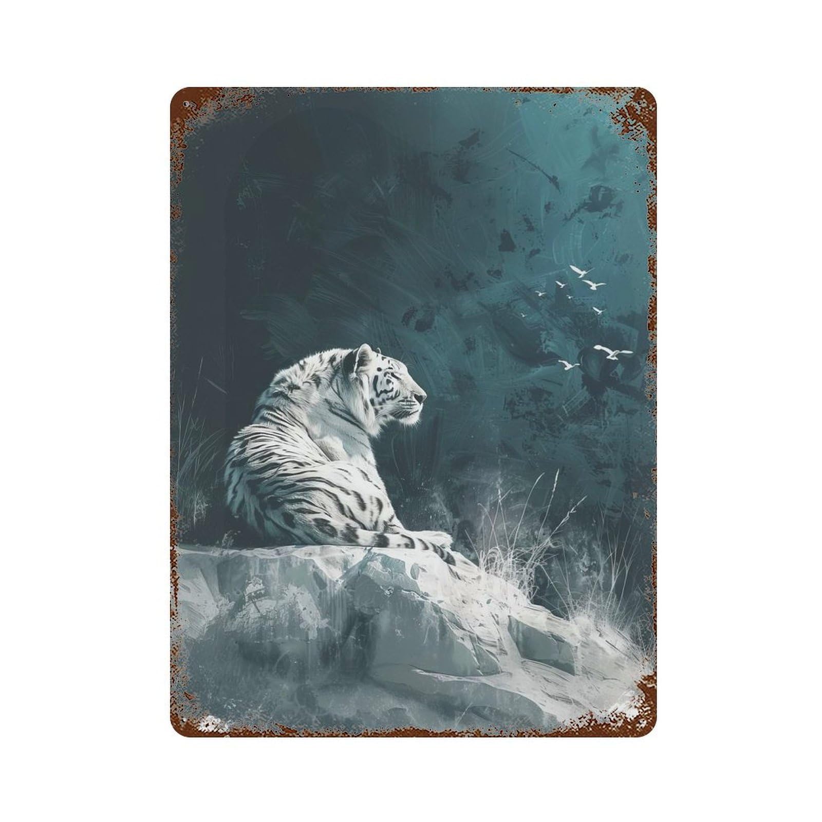 White Tiger on Rock Rusty Metal Tin Sign 15.7"x11.8", Classic Wall Plaque for Pub, Kitchen And Man Cave Decor