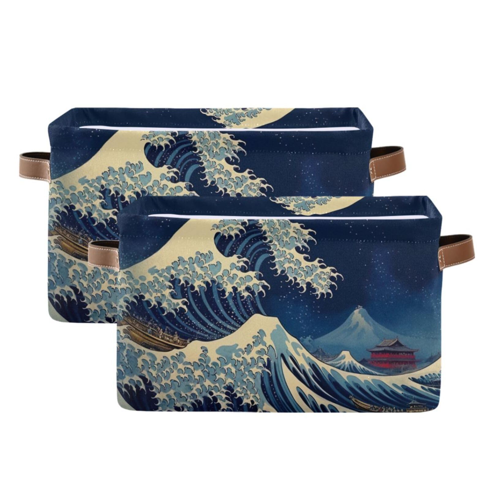 PaChyLuu Japanese Sea Wave Storage Basket Bin Canvas Fabric Organizer Toys Basket with Handles for Home Office Nursery, Clothes, Gifts, 2 Pcs