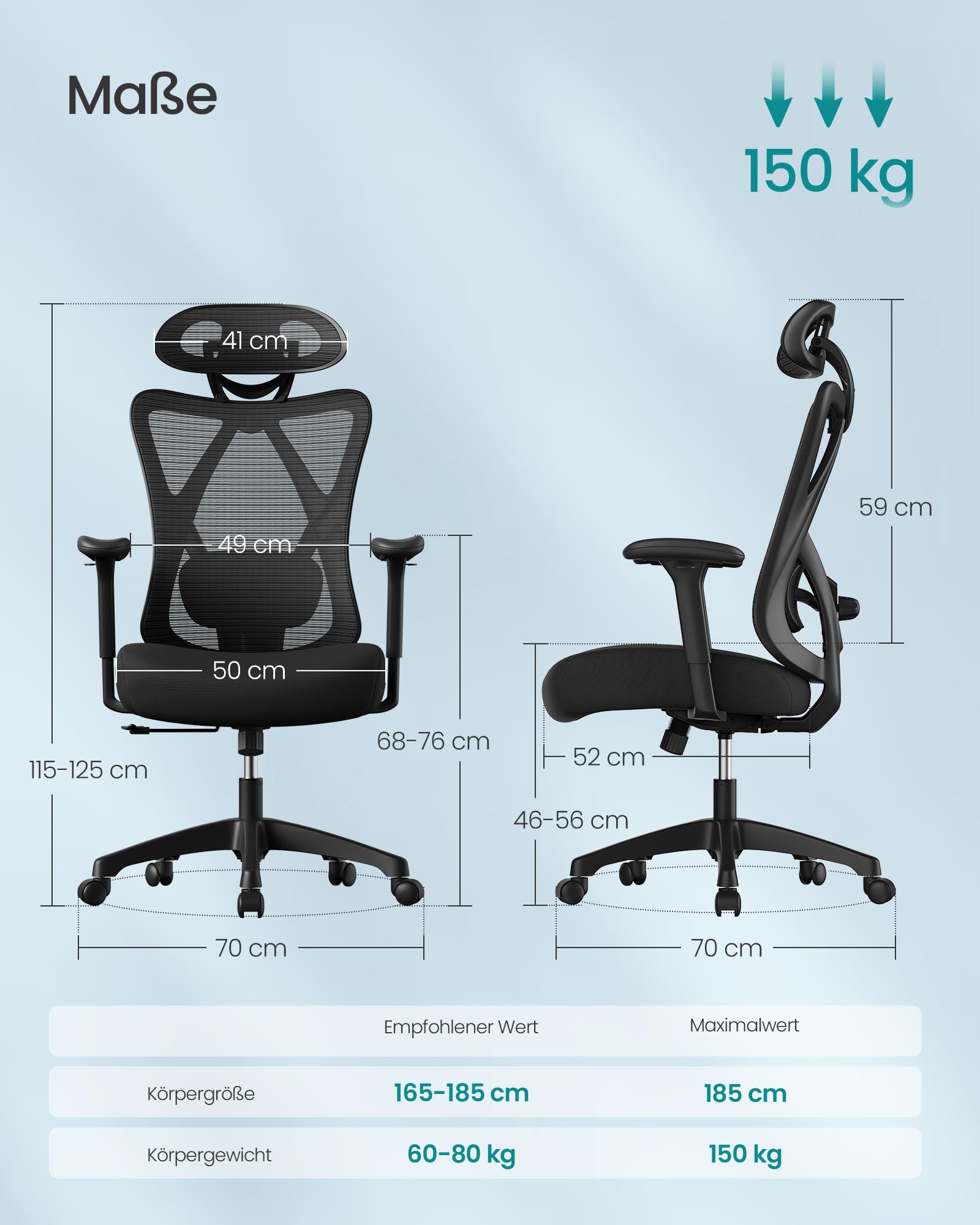 SONGMICS Ergonomischer Bürostuhl, Computerstuhl, Mesh-Stuhl, Lendenkissen und Kopfstütze verstellbar, maximale Belastung: 150 kg, höhenverstellbar, Tintenschwarz, OBN063B01