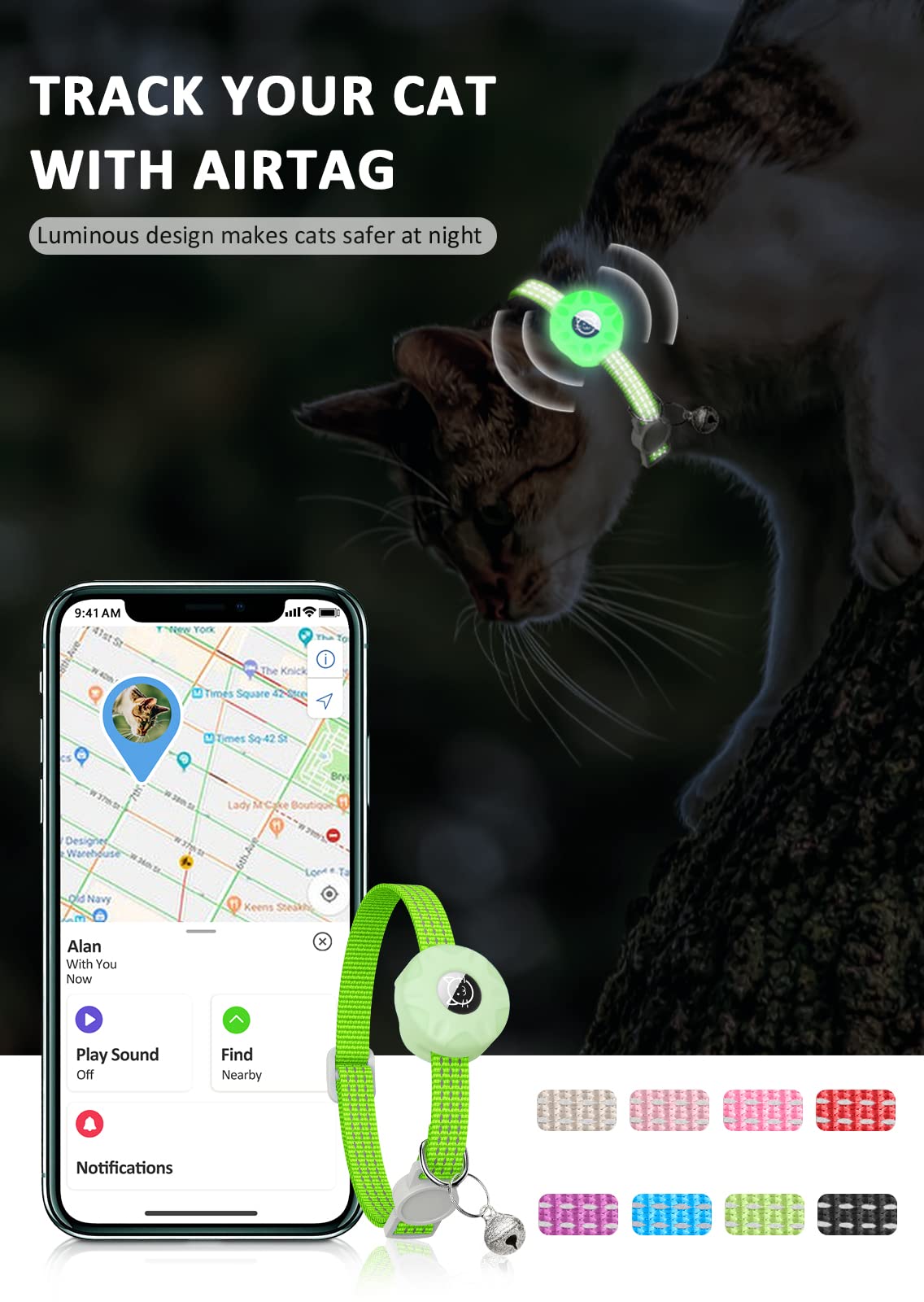 AirTag - Collar reflectante para gato, collar de gato Apple Air Tag, collar de gato GPS con soporte para AirTag y campana, collares ligeros para gatos y cachorros (verde luminoso)