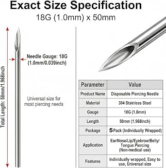 5PCS Ear Piercing Needles-Body/Nose/Navel/Nipple Perforating Needls Piercing Tool with Independance Package (18G)