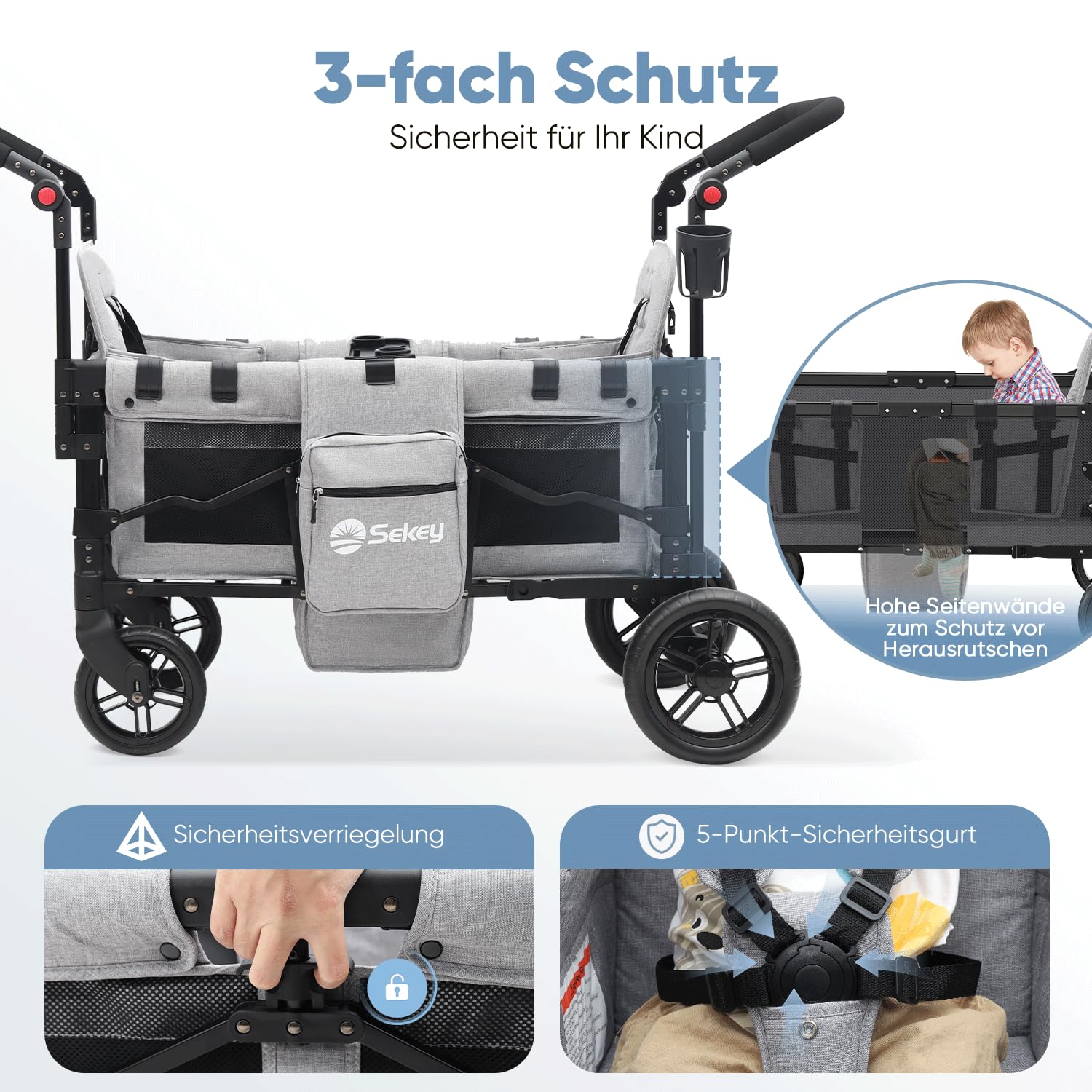 Sekey Bollerwagen Kinder Zwillingsmodus, Bollerwagen Faltbar mit Dach 2 Kinder, Duo Schiebegriff Kinderwagen Doppelsitz mit 2 integrierten 5-Punkt-Gurtsystem, Zwillingskinderwagen (Grau, Premium)