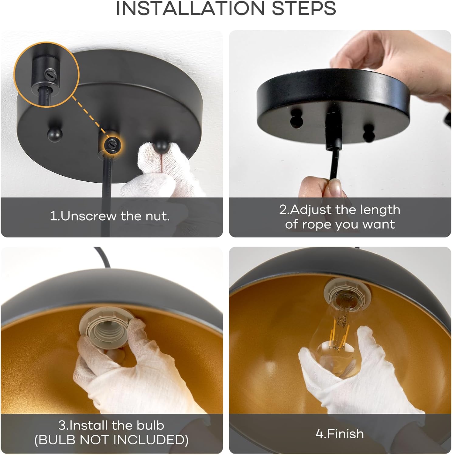 12 Inch Black Dome Pendant Lights 3 Pack for Kitchen Island, Height Adjustable Farmhouse Industrial Hanging Light Fixtures Over Table for Dining Room, Entryway