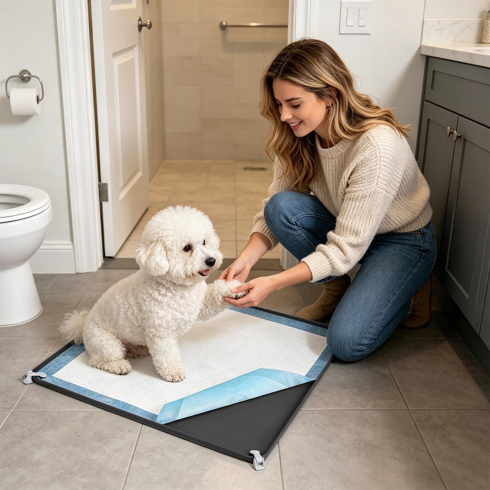 Potty Pad Holder - Dog Training Tray for Secure Puppy Pad Placement | Non Slip Frame with Raised Edges, Leak Containment Design, Indoor Pet Toilet Training Accessory