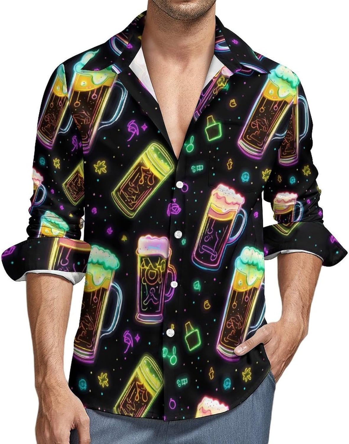 Colorful Beer Long Sleeve Shirts Casual Dress Shirt Button-down T-shirts for Men