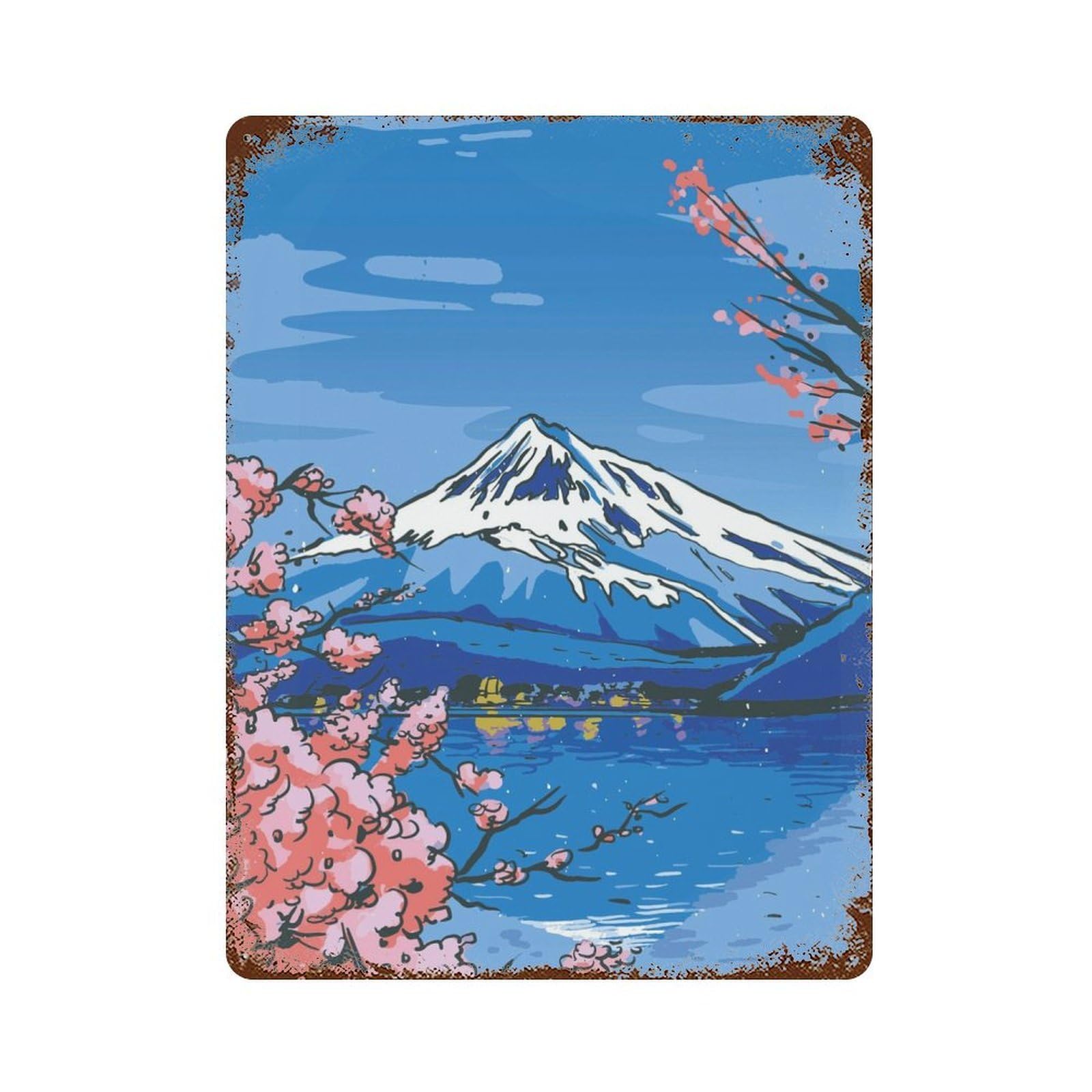 Beautiful Mt Fuji Sakura Vintage Rust Metal Sign 15.7"x11.8", Classic Wall Plaque for Basement, Hobby Room And Garage Decor