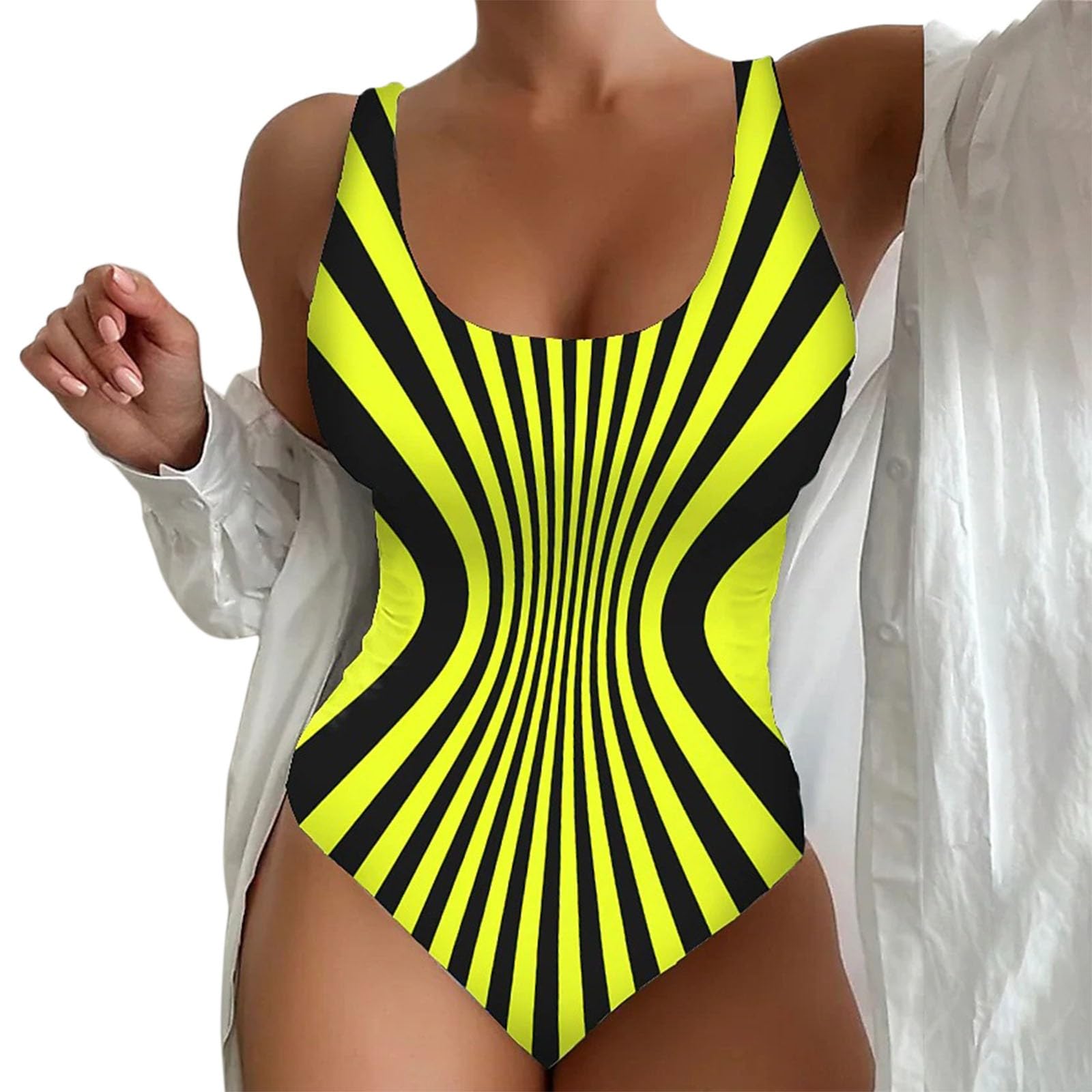 Womens Retro Scoop Neck Padded One Piece Swimsuits High Cut Low Back Bathing Suits Swimwear Bodysuit