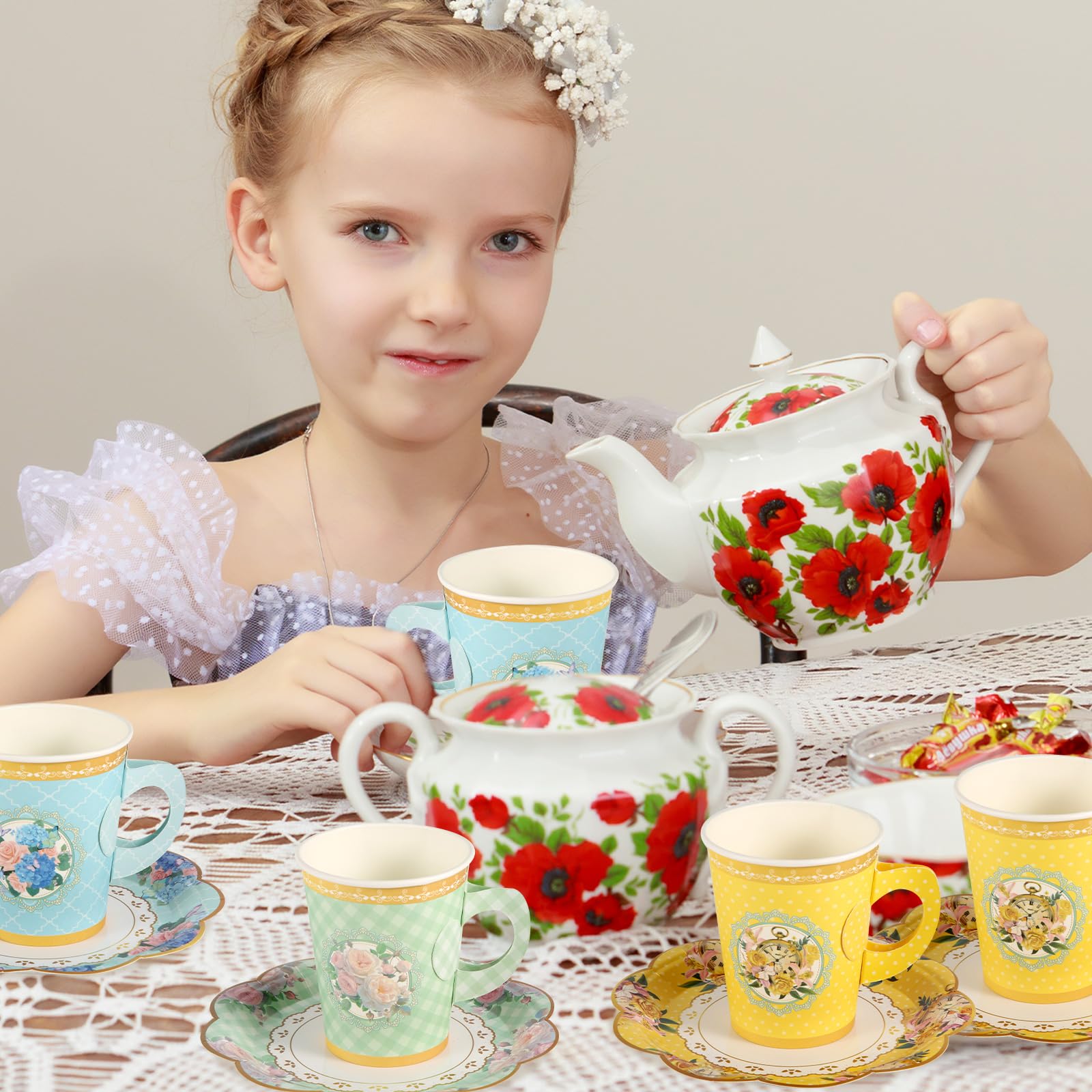 120uds Juego de Vajilla Desechable, Vajilla de Papel 60 Tazas de té de Papel con Asa 60 Platillos de Encaje Vajilla Floral para Fiesta para Niñas Suministros para Fiesta de té