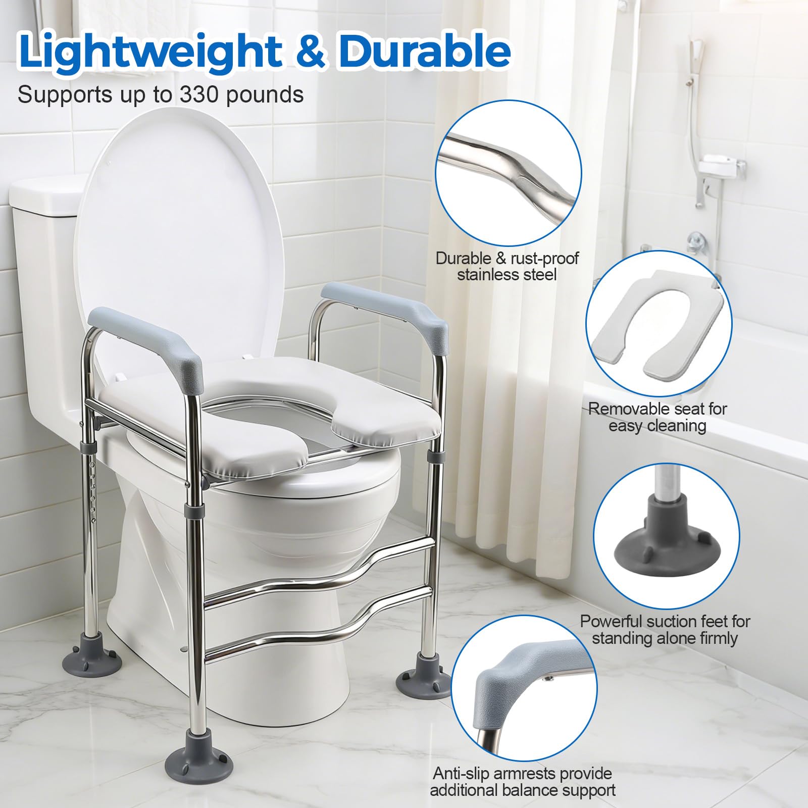 Rialzo per sedile WC resistente, con maniglie di sicurezza, regolabile in altezza, telaio di supporto per WC per disabili, sedili rialzati per anziani in gravidanza, adatto a qualsiasi bagno, capacità