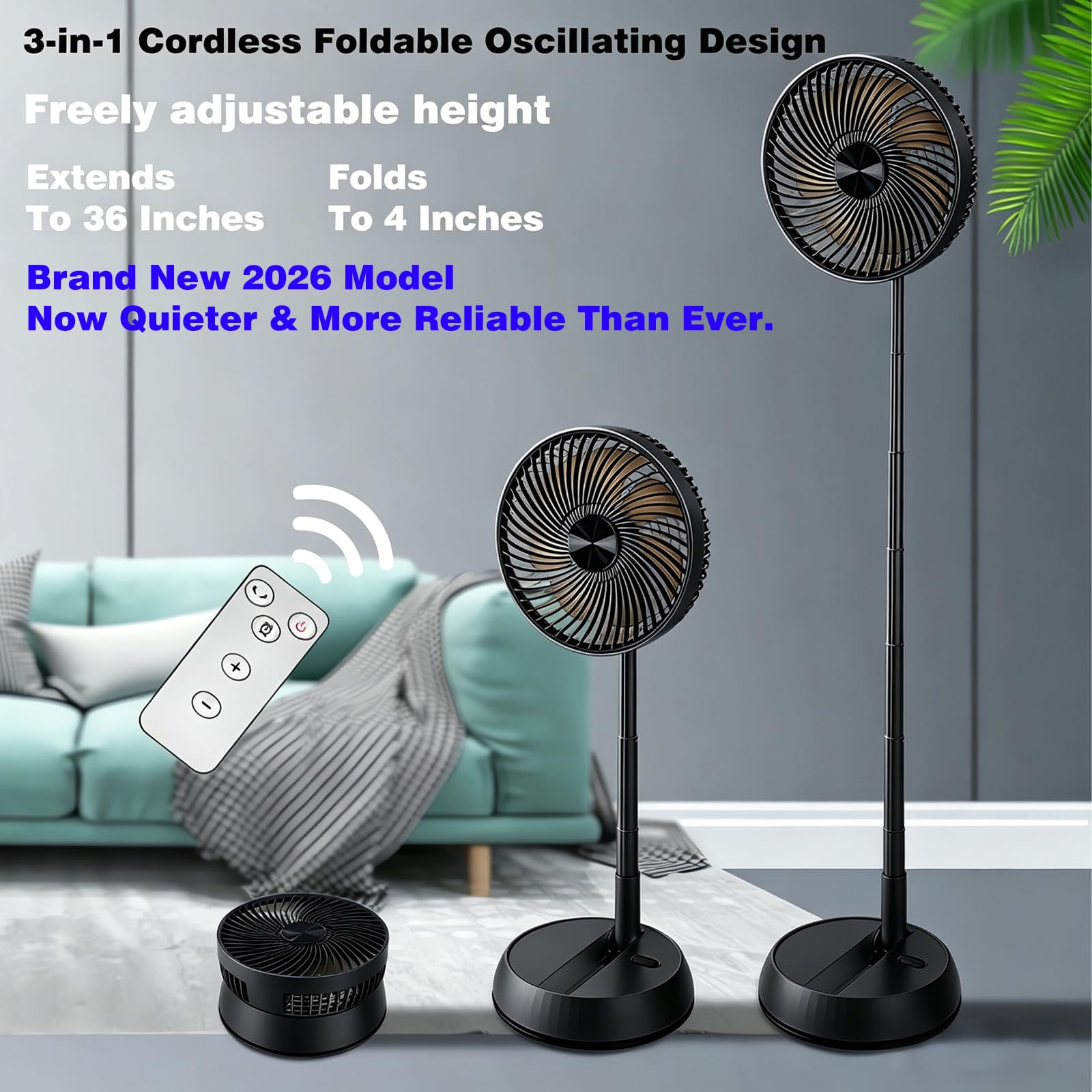 Ventilador de pie oscilante portátil, ventilador de pie plegable de 8 pulgadas, batería recargable de 7200 mAh, ventilador de mesa USB, altura ajustable, 4 velocidades, silencioso, con