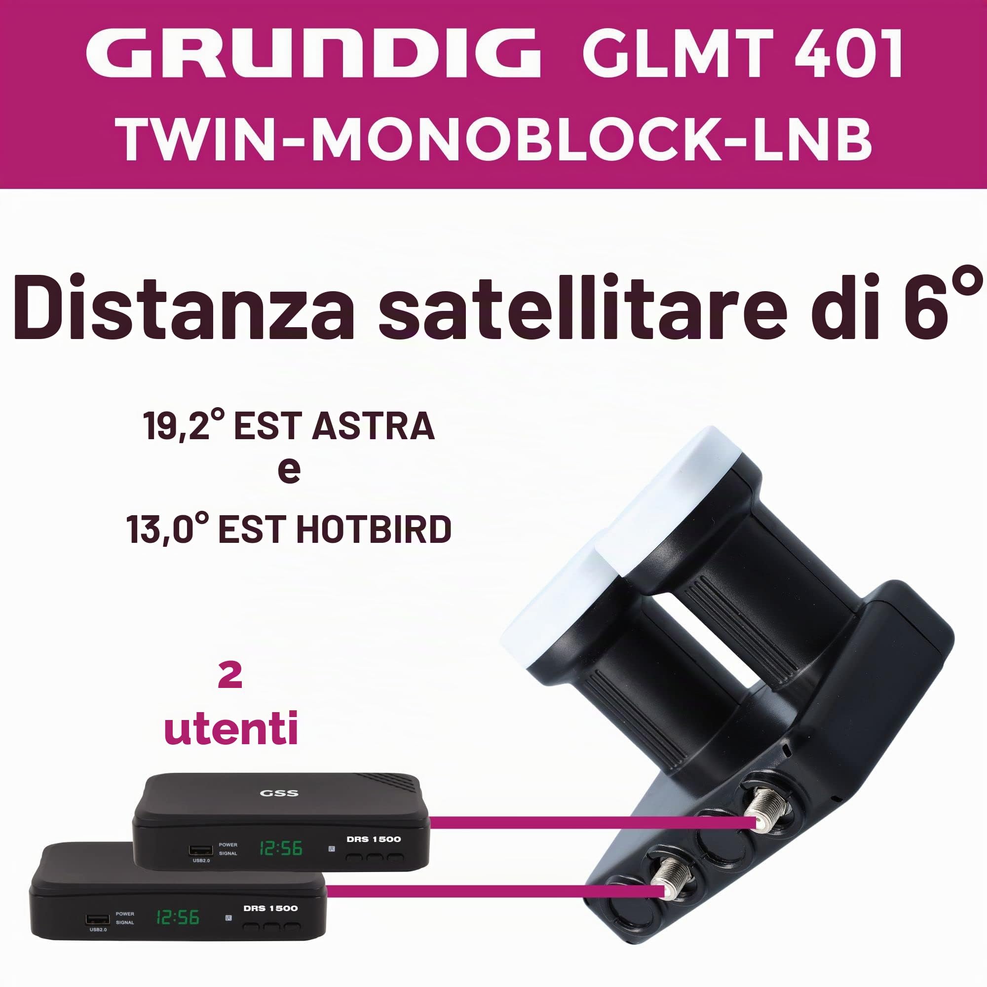 [ Test molto buono, Note 1.2 *] GSS Basic Monoblock Twin LNB Astra Hotbird per 2 partecipanti e 2 satelliti, 2 ingressi HD 4K LNC per collegamento diretto (TV, ricevitore satellite) LMB per parabola