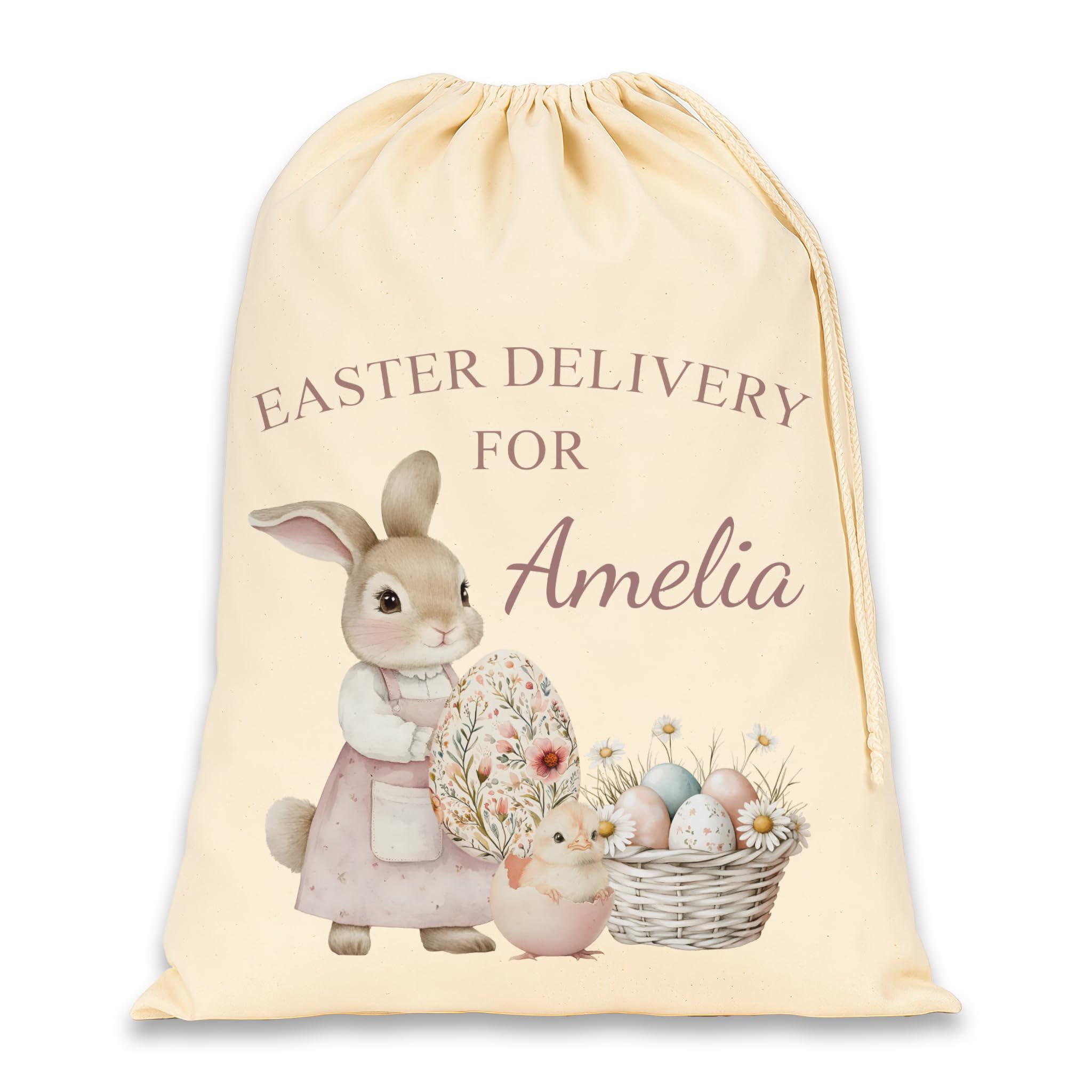 Personalised Easter Sack - Custom Name Cotton Easter Gift Bag - Easter Bunny & Basket Treat Bag - Easter Egg Hunt Bag (Pink Bunny (Basket))