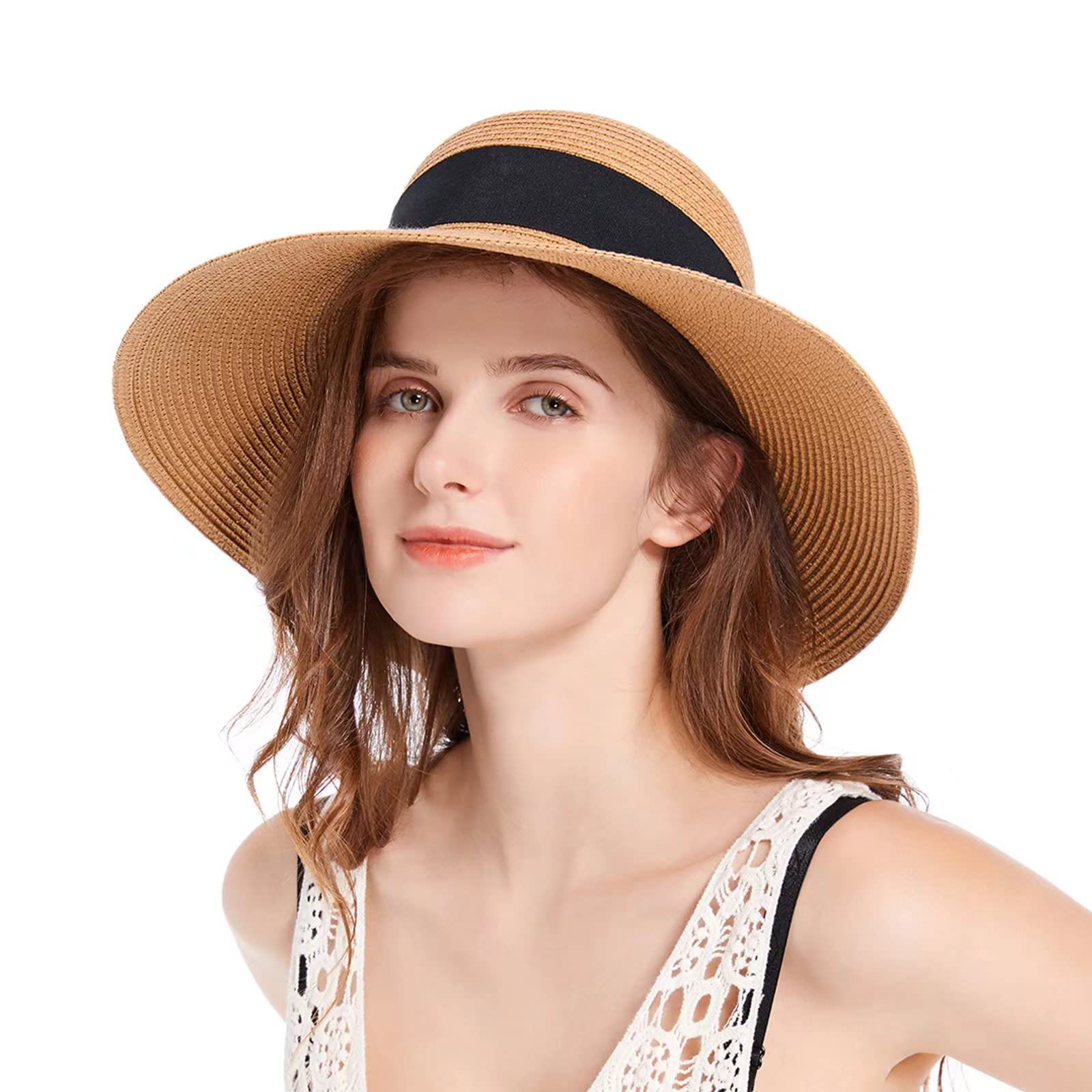 Womens Beach Straw Panama Hat Wide Brim Foldable Fedora Sun Hats for Women  UV UPF 50+