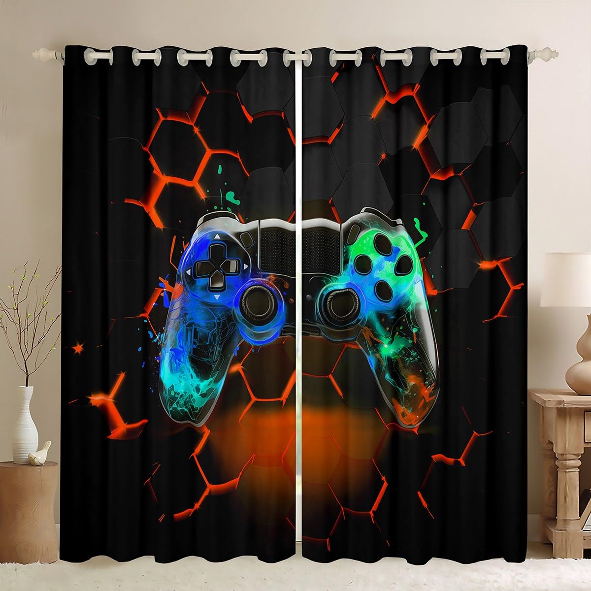 Manfei Modern Gamer Blackout Curtain Orange Honeycomb Gamepad Window Treatments, Children Gaming Window Drapes for Kids Boys Teens Adults Grommet Top 2 Panel Set Bedroom Curtains, 66Wx90L inch โ image 1