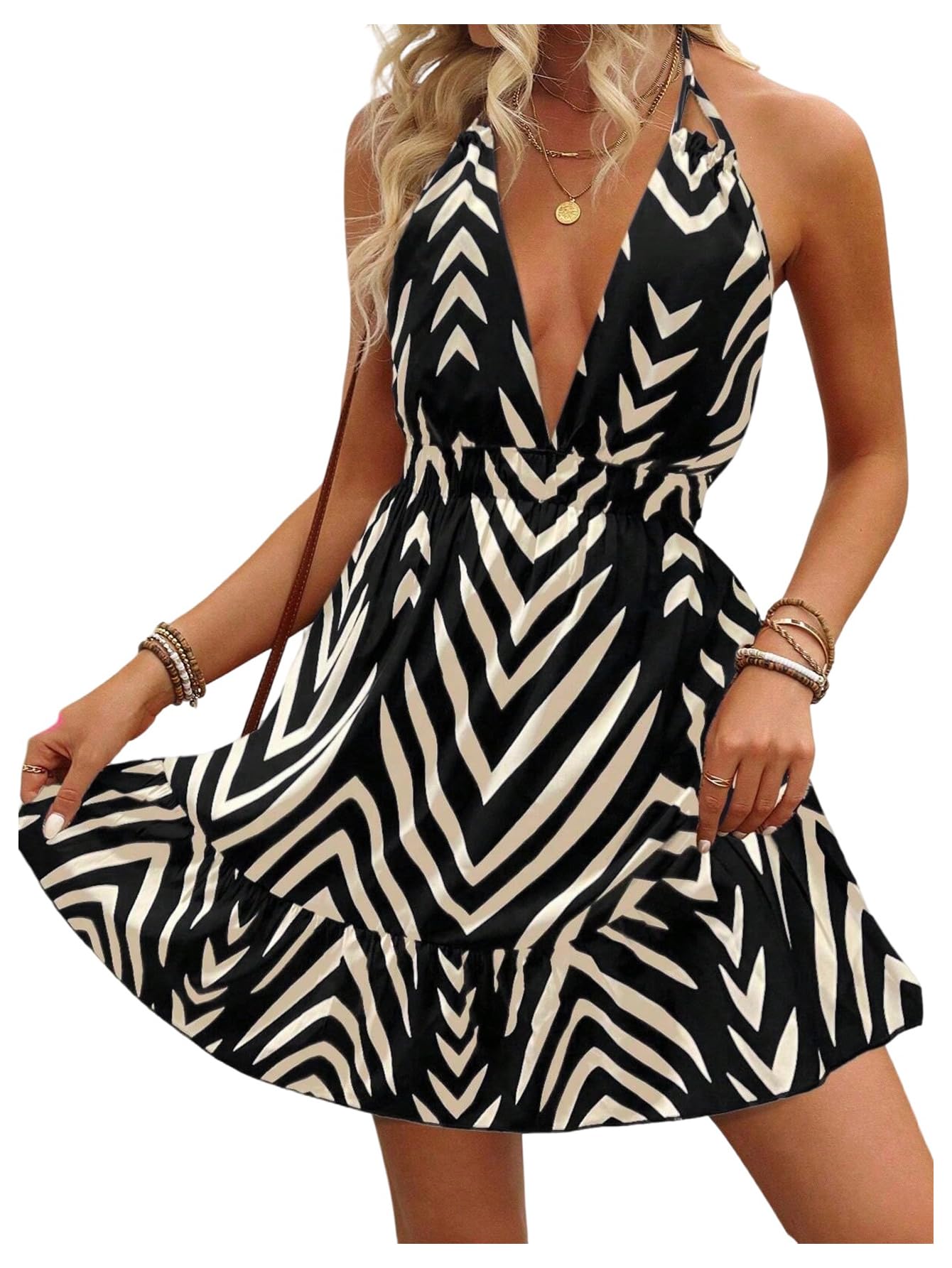 SweatyRocks Women's Printed Tie Backless Ruffle A Line Halter Mini Dresses