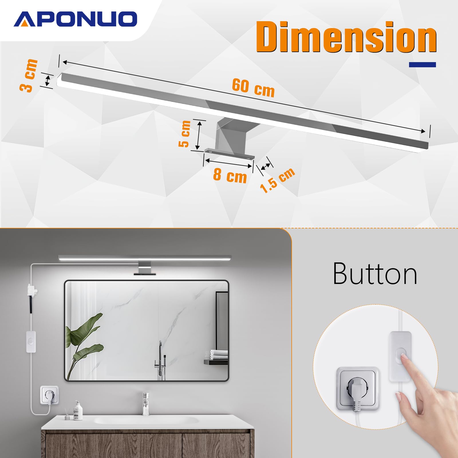 APONUO Lámpara LED de Baño 60cm | Espejo de Luz 15W | 4000K | 6000K | 1500lm | IP44 | Iluminación de Armario de Maquillaje de Acero Inoxidable 600mm Con Interruptor