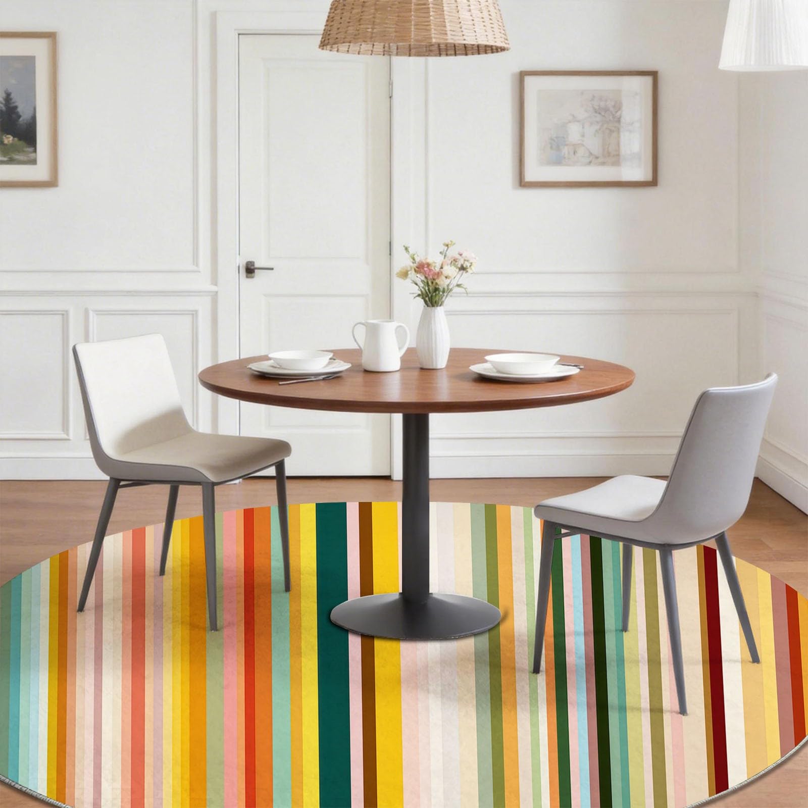 Tappeto rotondo a pelo basso, 90 cm, motivo astratto, motivo arcobaleno a righe, per sotto il tavolo, moderno, alla moda, lavabile, antiscivolo, per sala da pranzo e soggiorno, multicolore