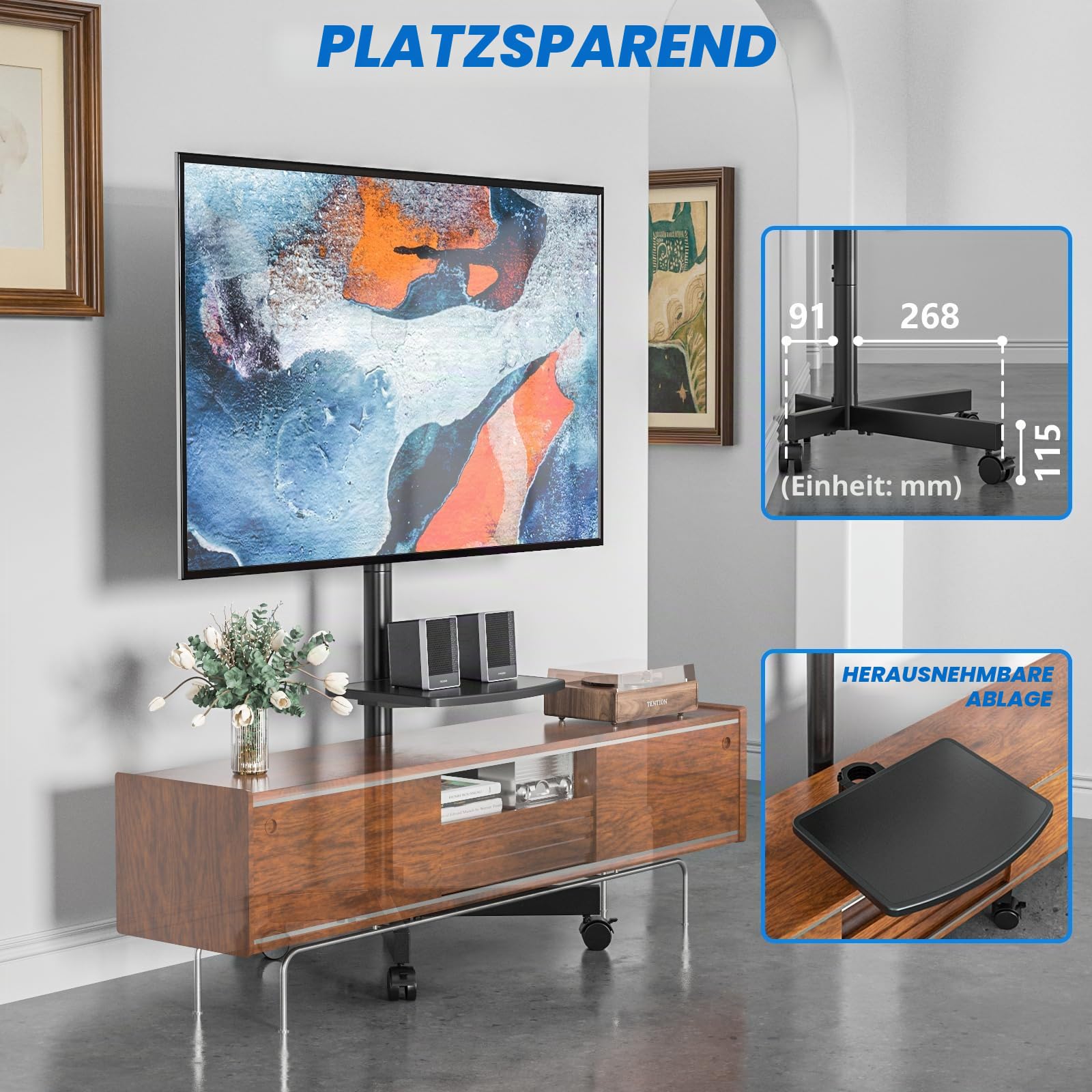RFIVER TV Ständer Rollbar TV Wagen auf Rollen für 27-60 Zoll Fernseher Fernsehständer TV Standfuss Höhenverstellbar Neigbar Max. 40 KG VESA 400x400 mm