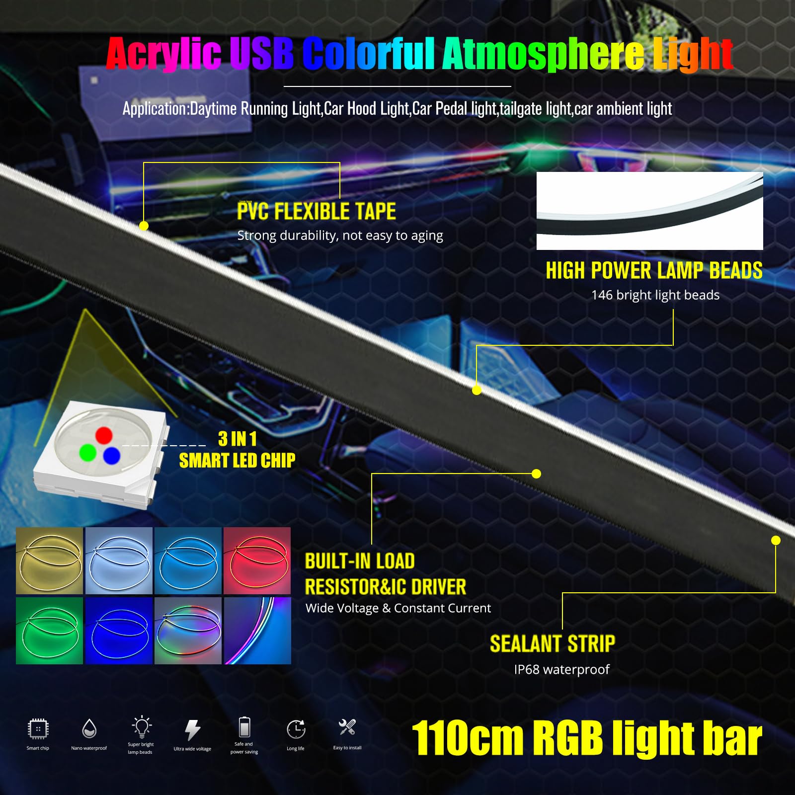 Snapklik.com : 1Pcs Car LED Lights Interior,43.3 Inch Multiple Light ...