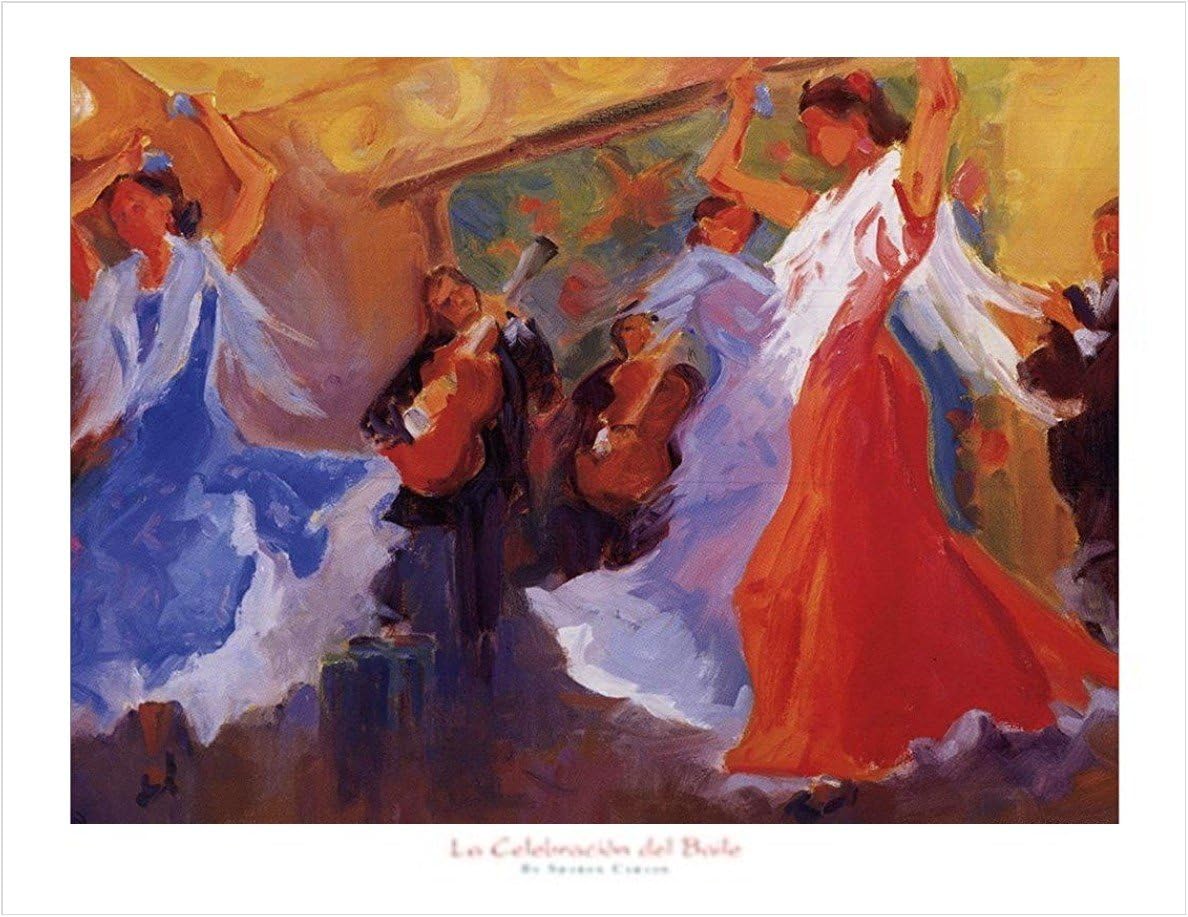 La Celebracion del Baile by Sharon Carson 28x22 Art Print Poster Abstract Painting Colorful Women in Pink and Blue Dresses Dancing Spanish Music