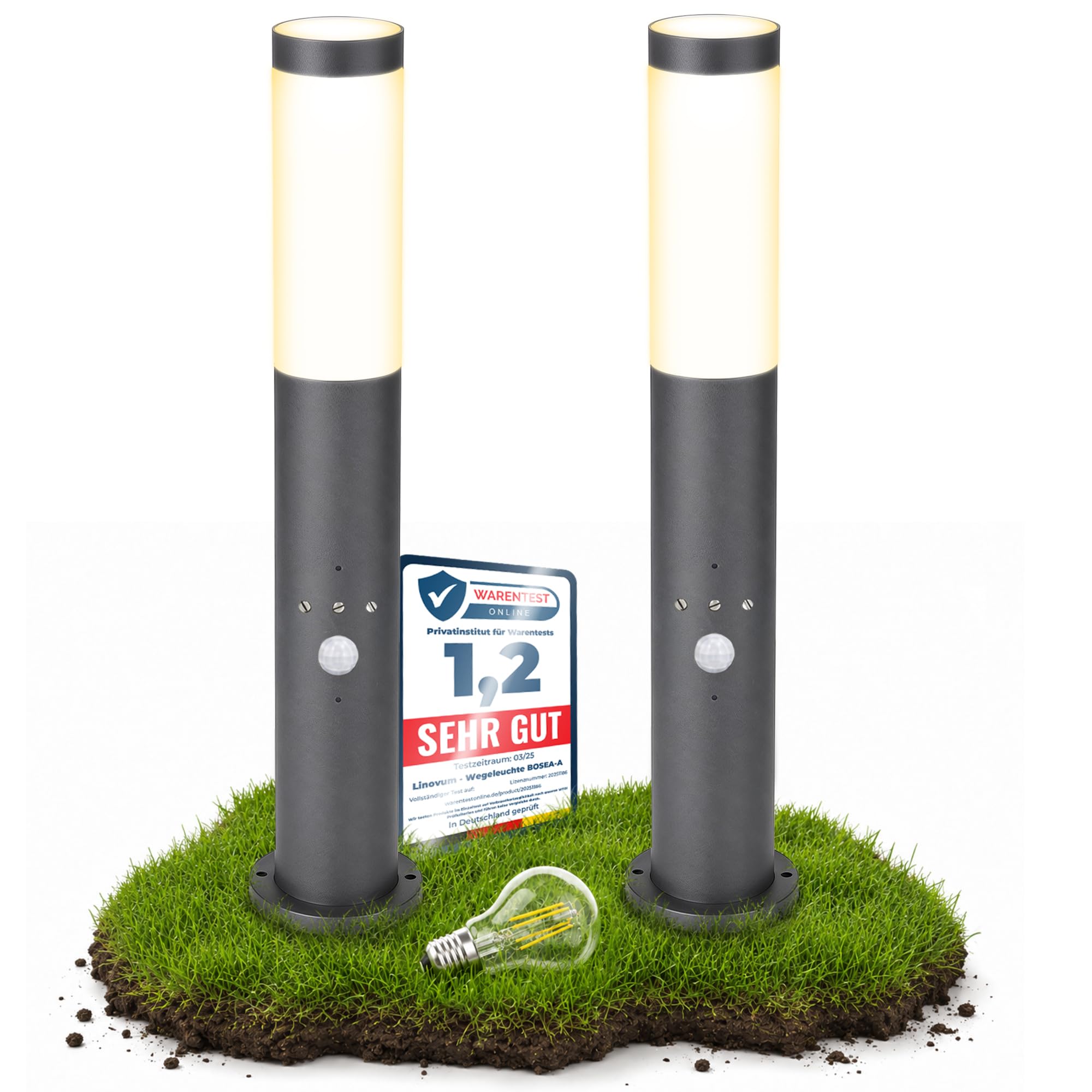 linovum 2x BOSEA-B Wegeleuchte mit Bewegungsmelder anthrazit - Standleuchte für E27 Pollerleuchte 50cm Gartenlampe IP44 Dämmerungssensor