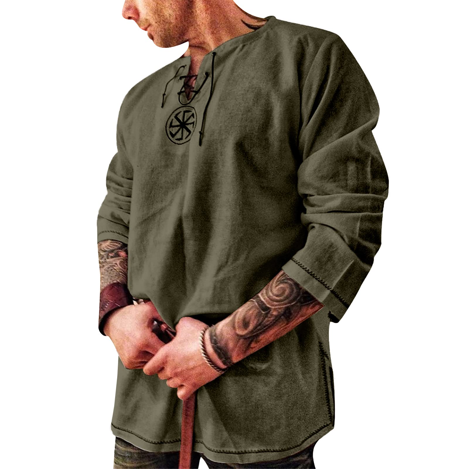 Rodawu Leinenhemd Herren Mittelalter Hemd Herren Wikinger Hemd | Baumwoll-Leinen,Henley Freizeithemd,Kragen mit Kordelzug,Modisch T-Shirt,Hippie,Strand,Halloween,Boho Hemden