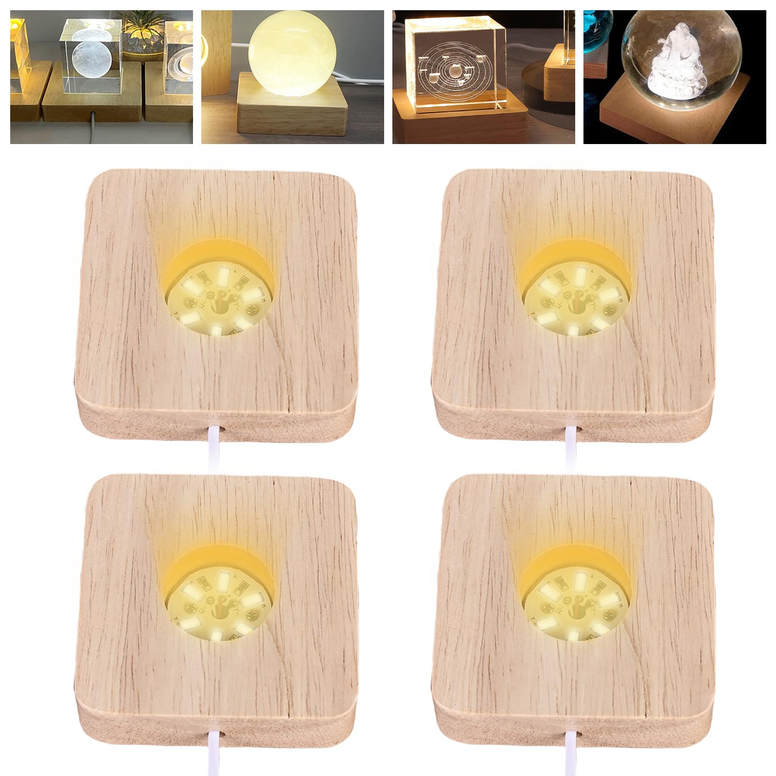 BORDEAG Lot De 4 Socles LED En Bois - Base D'Affichage Lumineuse USB Pour Plaques Acryliques Et Cristal