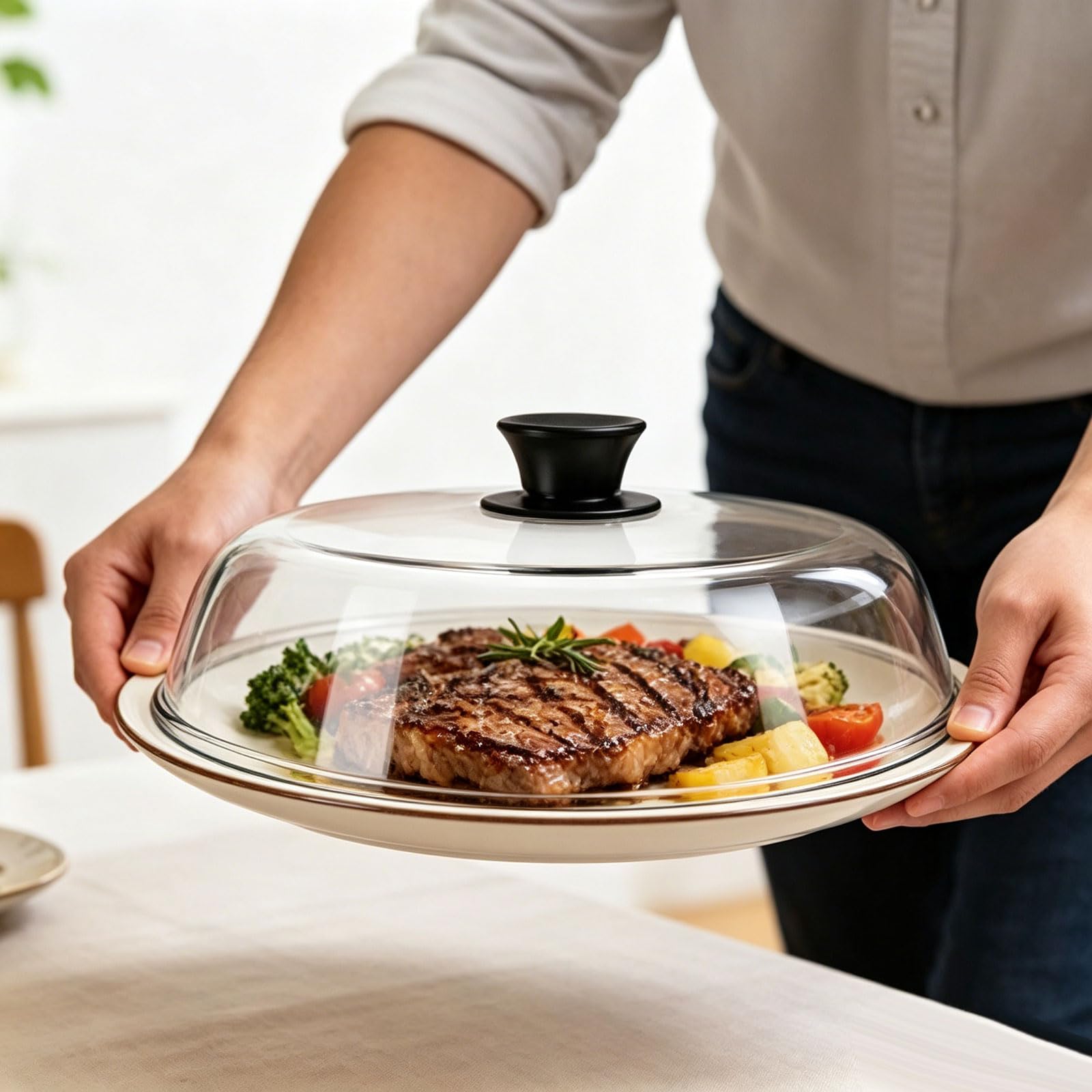 Coperchio riscaldante trasparente, protezione alimentare in vetro per microonde con impugnatura a manopola, cupola per da portata da 26 cm per un riscaldamento più pulito, copertura avanzata,