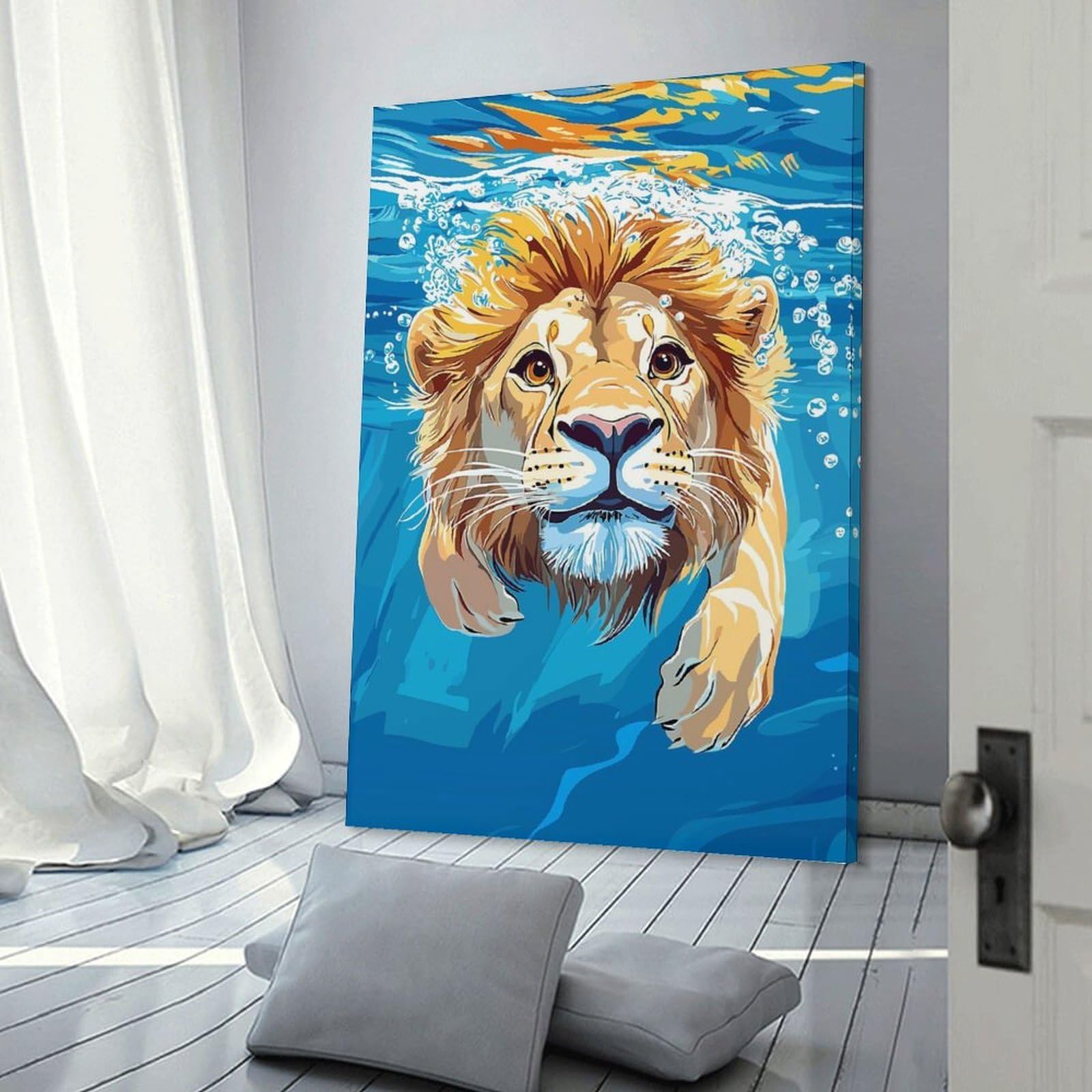 Junmoney Frame-Style-9 Decorative Wall Artwork Lion Swimming Underwater Illustration, 12X18inch(30X45cm), For New Homes, Bedrooms Or Workspaces, Canvas Artwork With Gifting Potential