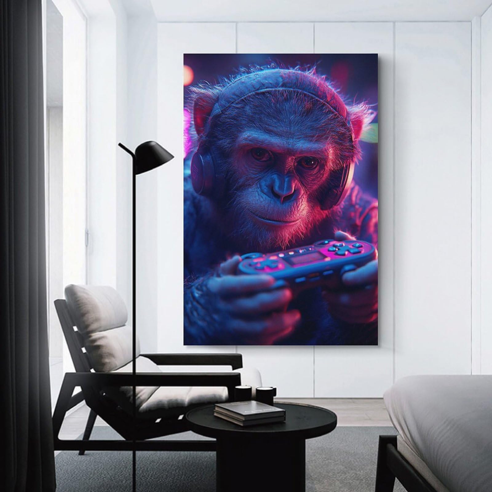 Junmoney Home Decor Wall Art Monkey Gamer with Headset And Controller, 16x24inch(40x60cm), for New Homes, Bedrooms Or Workspaces, Home Decor Gift with Stylish Appeal